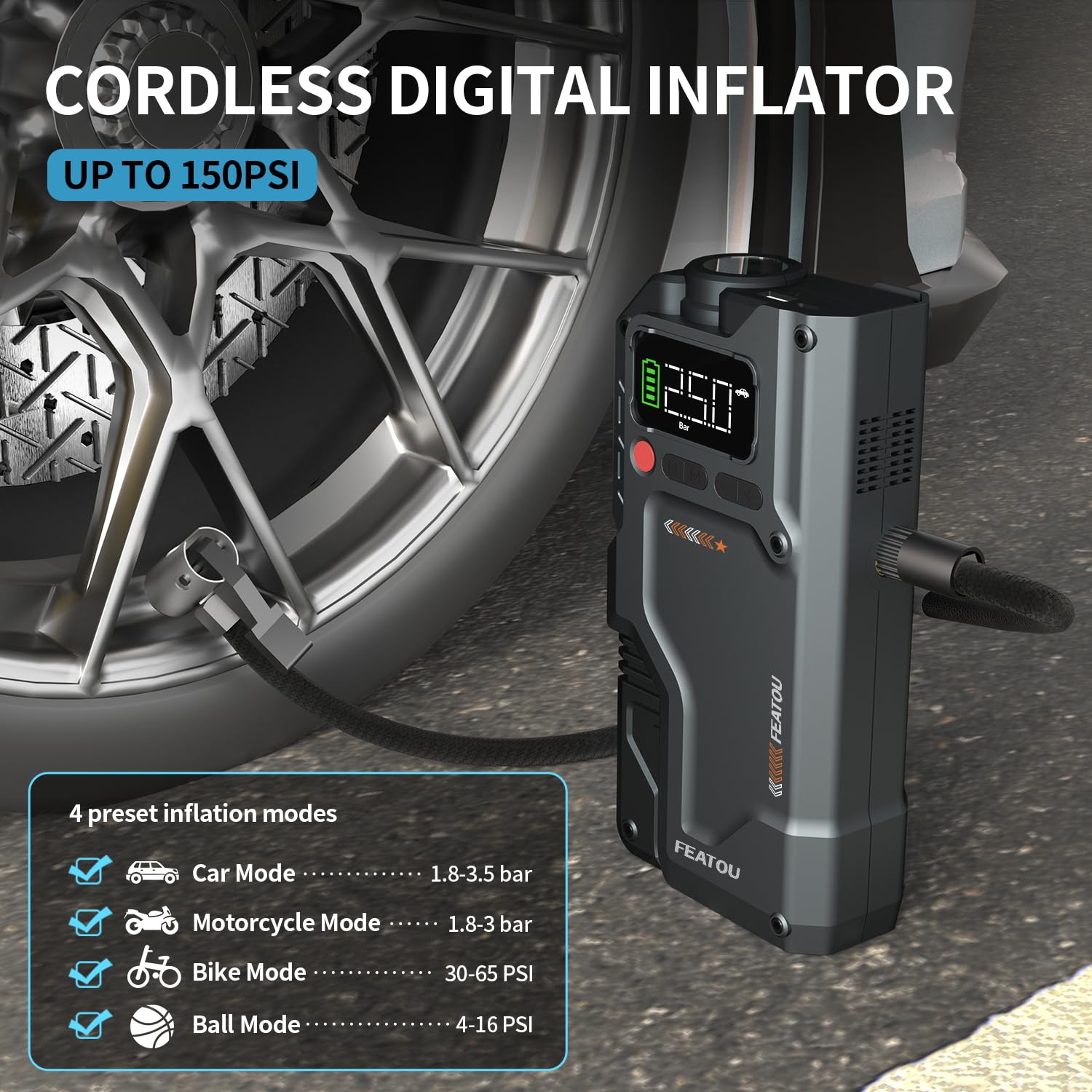 Featou Jump Starter with Air Compressor, 5 in 1 Functional Jump Box 3000A Peak Battery Power Pack with 150PSI Digital Tire Infla