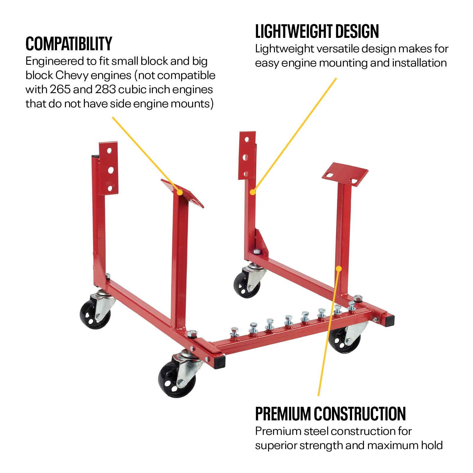 Speedway Motors Rolling Engine Cradle Stand With Wheels, Fits Chevy V8 Small Block And Big Block, Steel Construction, Built In Hardware Storage, Easy Assembly
