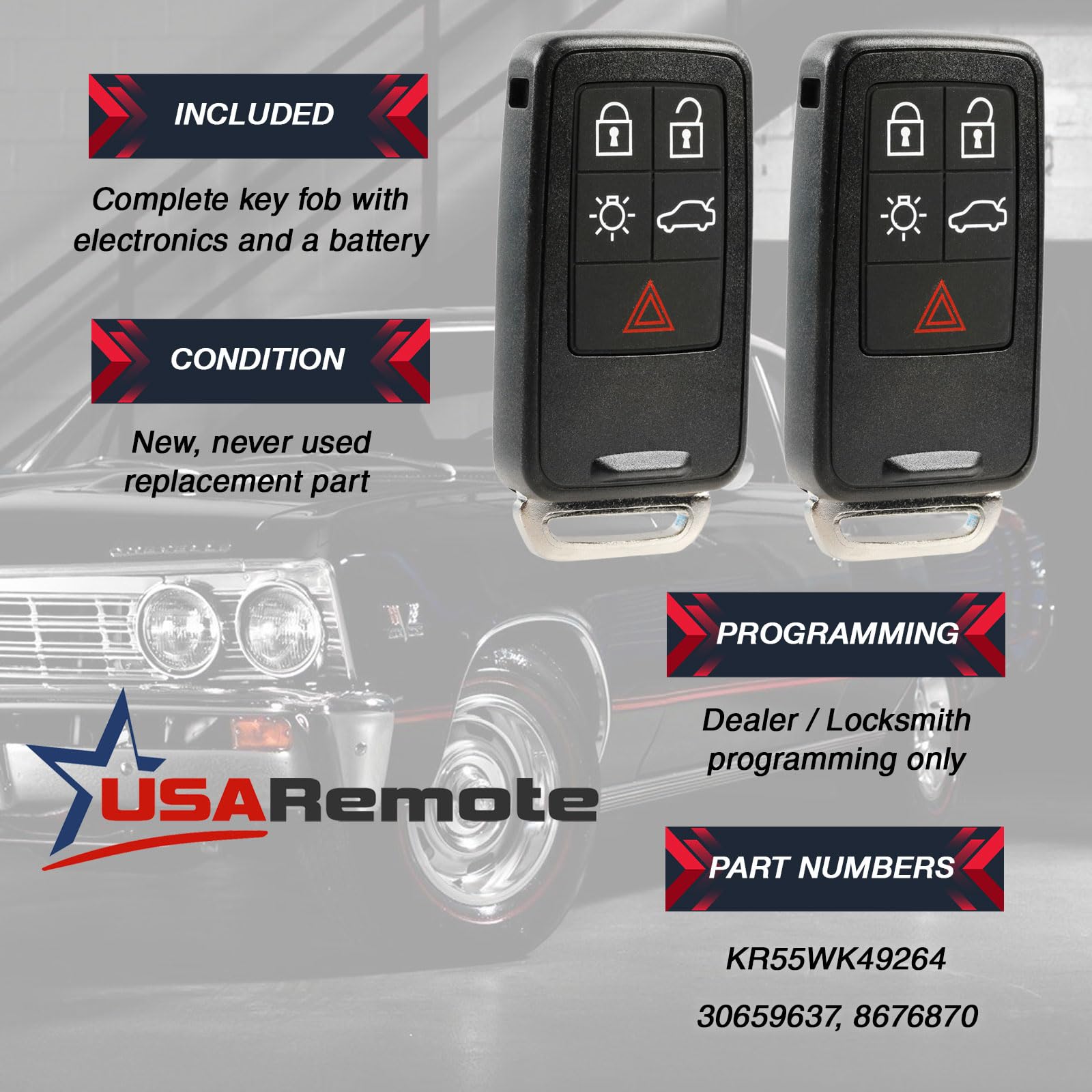 Car Key Fob Keyless Entry Smart Remote Fits Volvo S60 S80 V60 V70 Xc60 Xc70 (Kr55Wk49264), Set Of 2