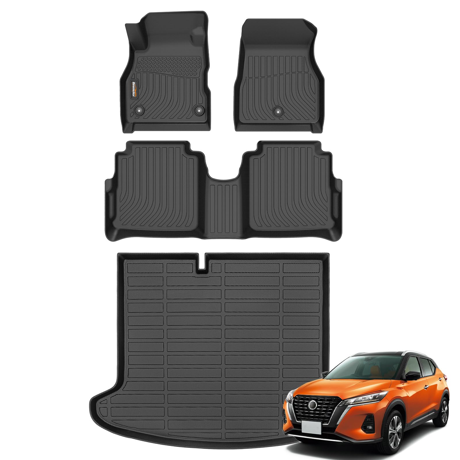 Binmotor-Floor Mats Cargo Liner Set For Nissan Kicks 2024 2023 2022-2018, All Weather Mats For Nissan Kicks, Cargo Mat For Nissan Kicks, Waterproof Car Mats For Nissan Kicks Accessories