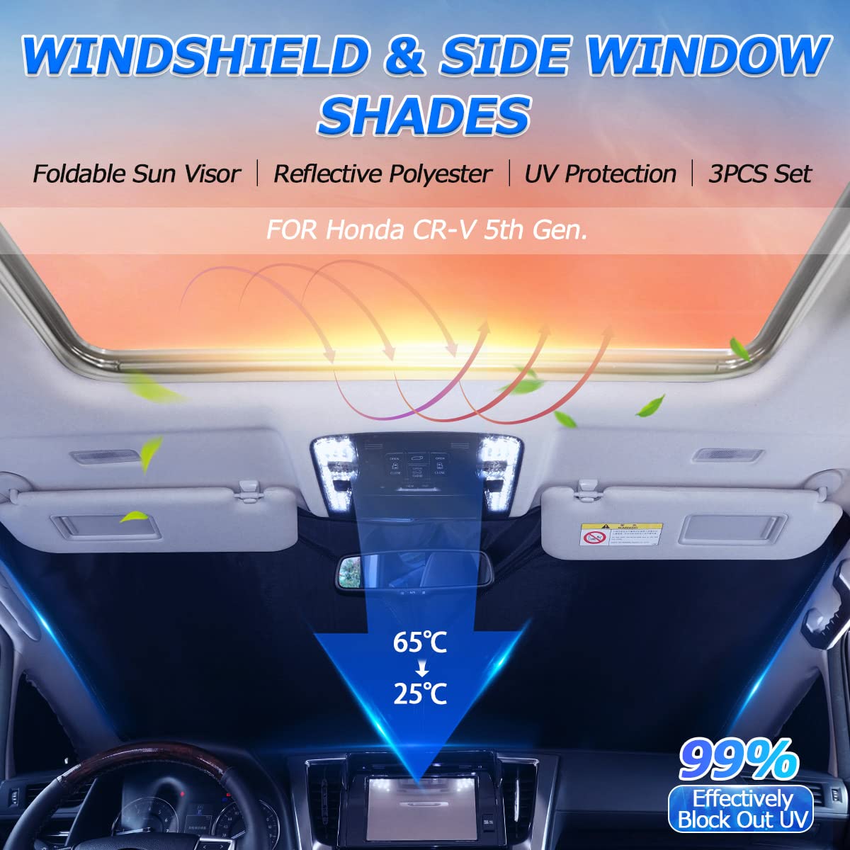 Karltys 3Pcs Windshield Sun Shade For 2017-2022 Honda Crv, Thickened Front And Side Window Sunshade Custom Fit Cr-V, Foldable Su