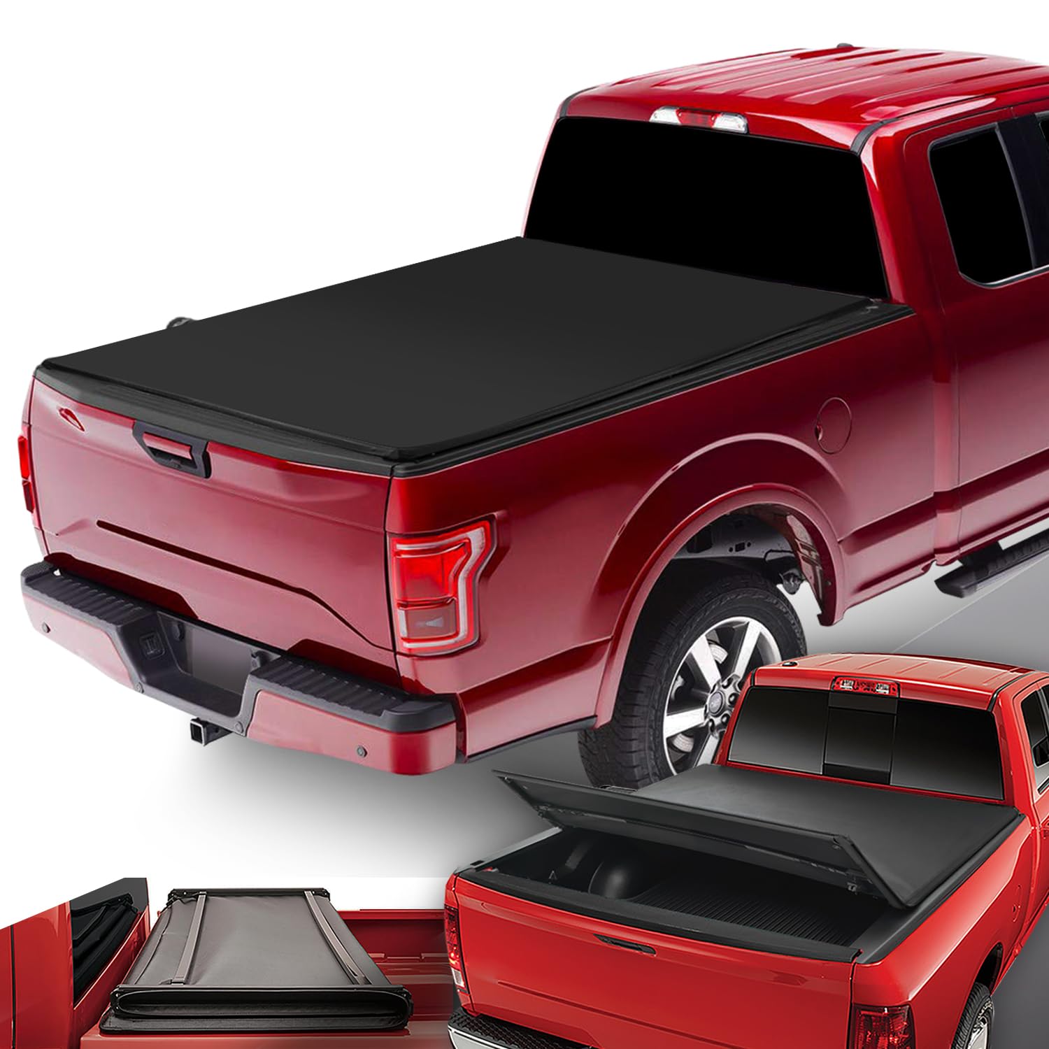 Dna Motoring Ttc-Trisoft-014 Pickup Truck Bed Soft Tri-Fold Adjustable Tonneau Cover Compatible With 15-20 Ford F150 6.5Ft Fleet