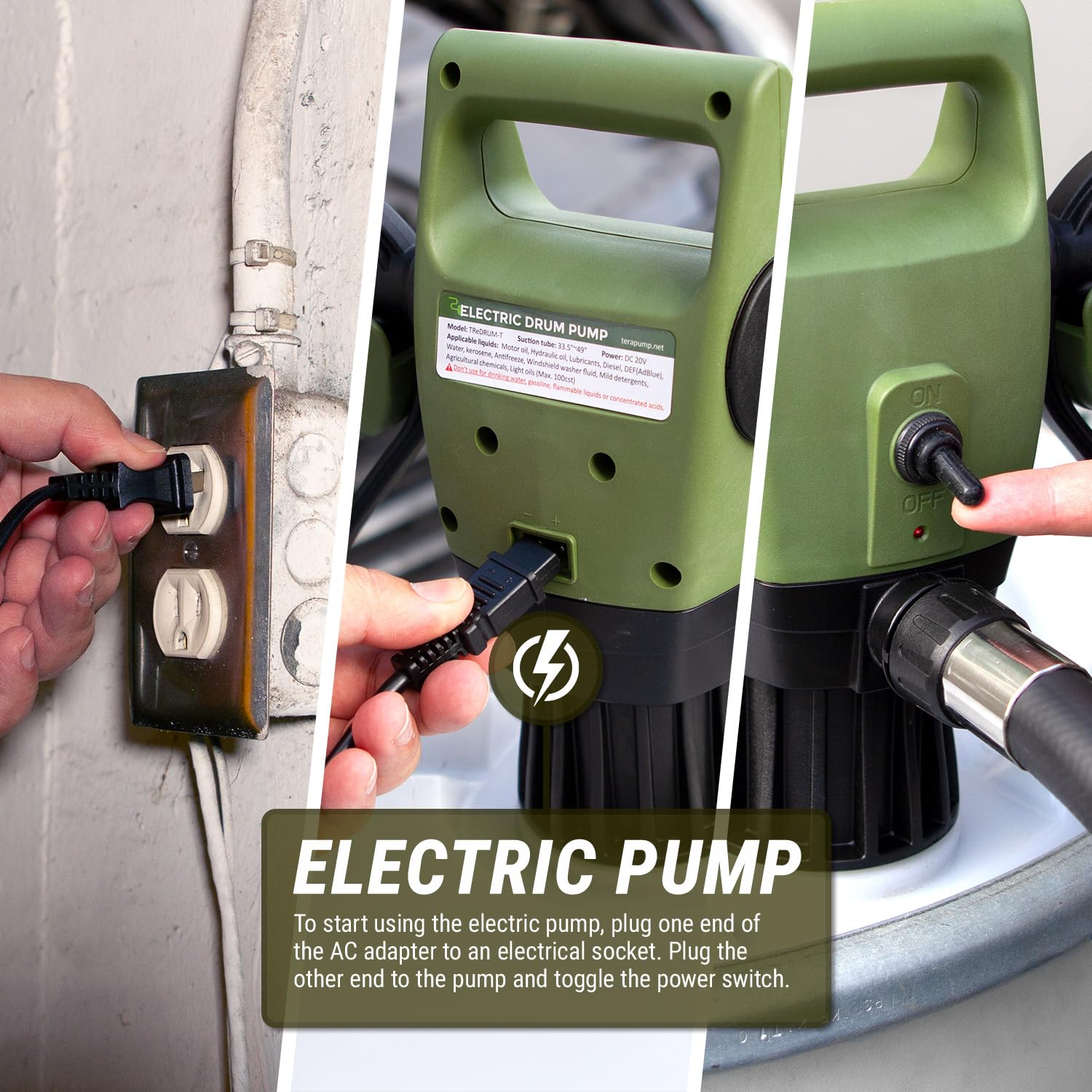 TERA PUMP 55 Gallon Drum Pump - Electric Drum Barrel Pump (Optional Power: Rechargeable Battery Kit or DC Inverter cables) DEF,