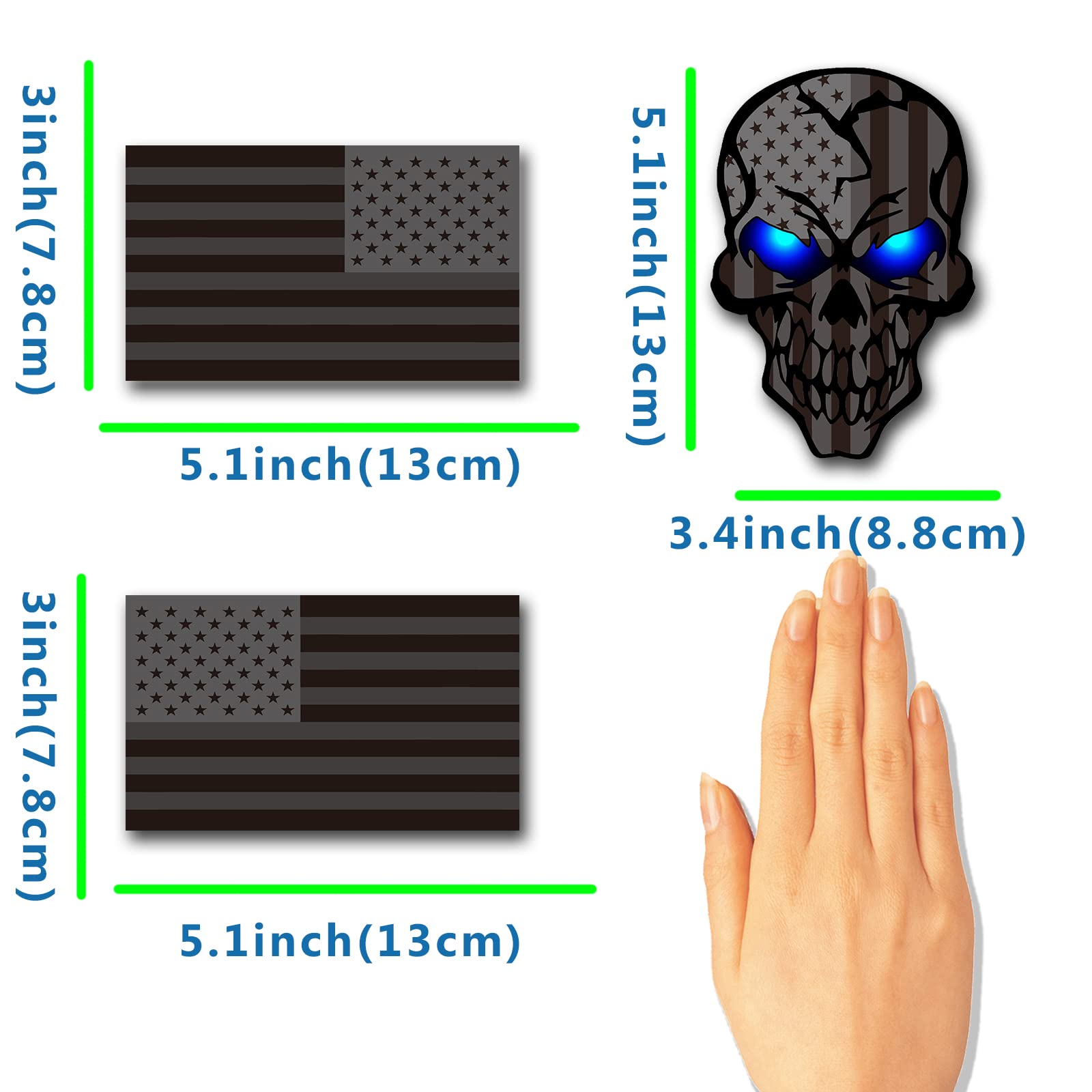 3 Pack 5.1''Reflective All Black American Flag Sticker, Skull Decal With Black Us Flags, Uv Fade Resistant Vinyl Car Flags Stick