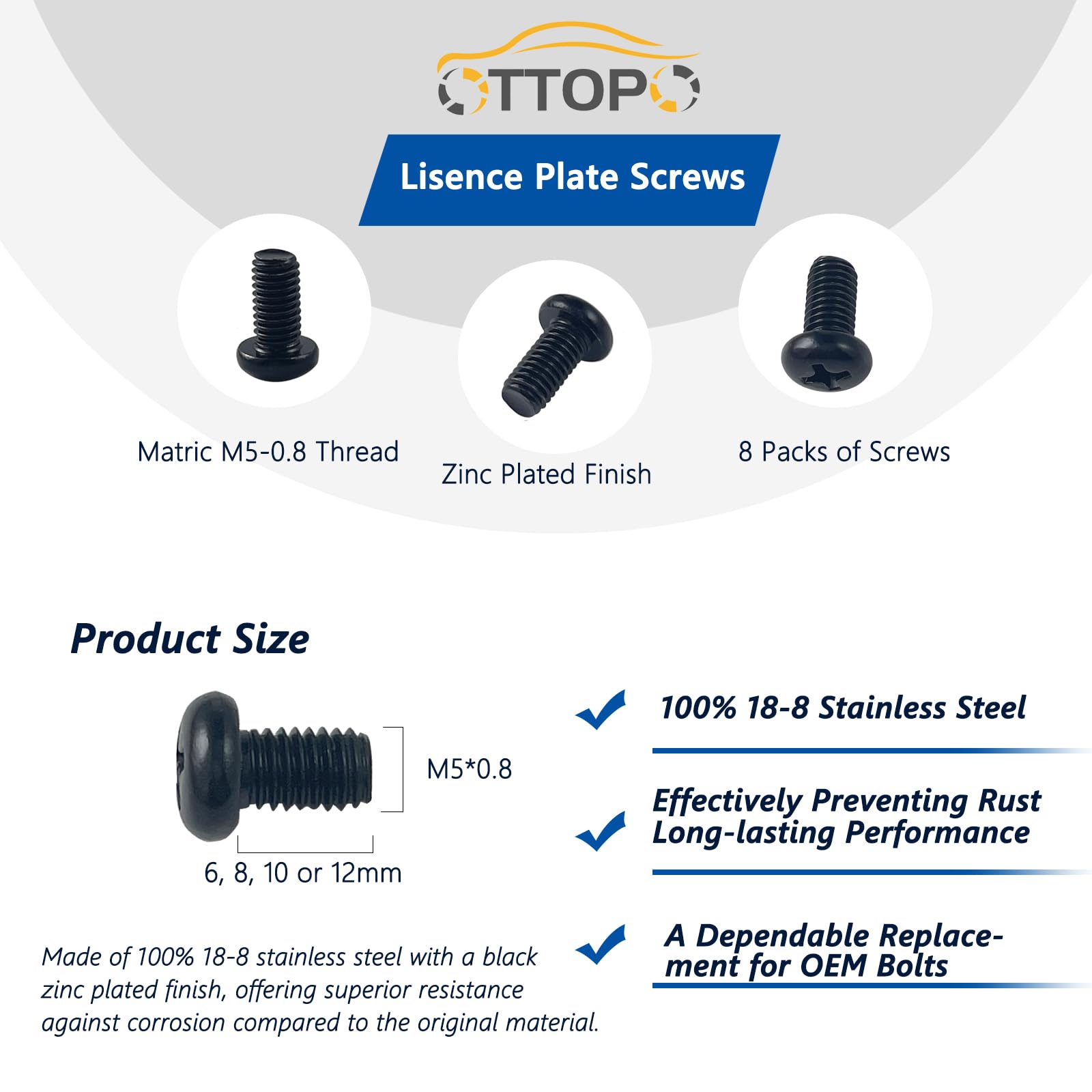 OTTOPO Rear License Plate Screws M5-0.8X12mm Compatible with Tesla Model 3, Y and BMW 18-8 Stainless Steel Black Zinc Plated 8 P
