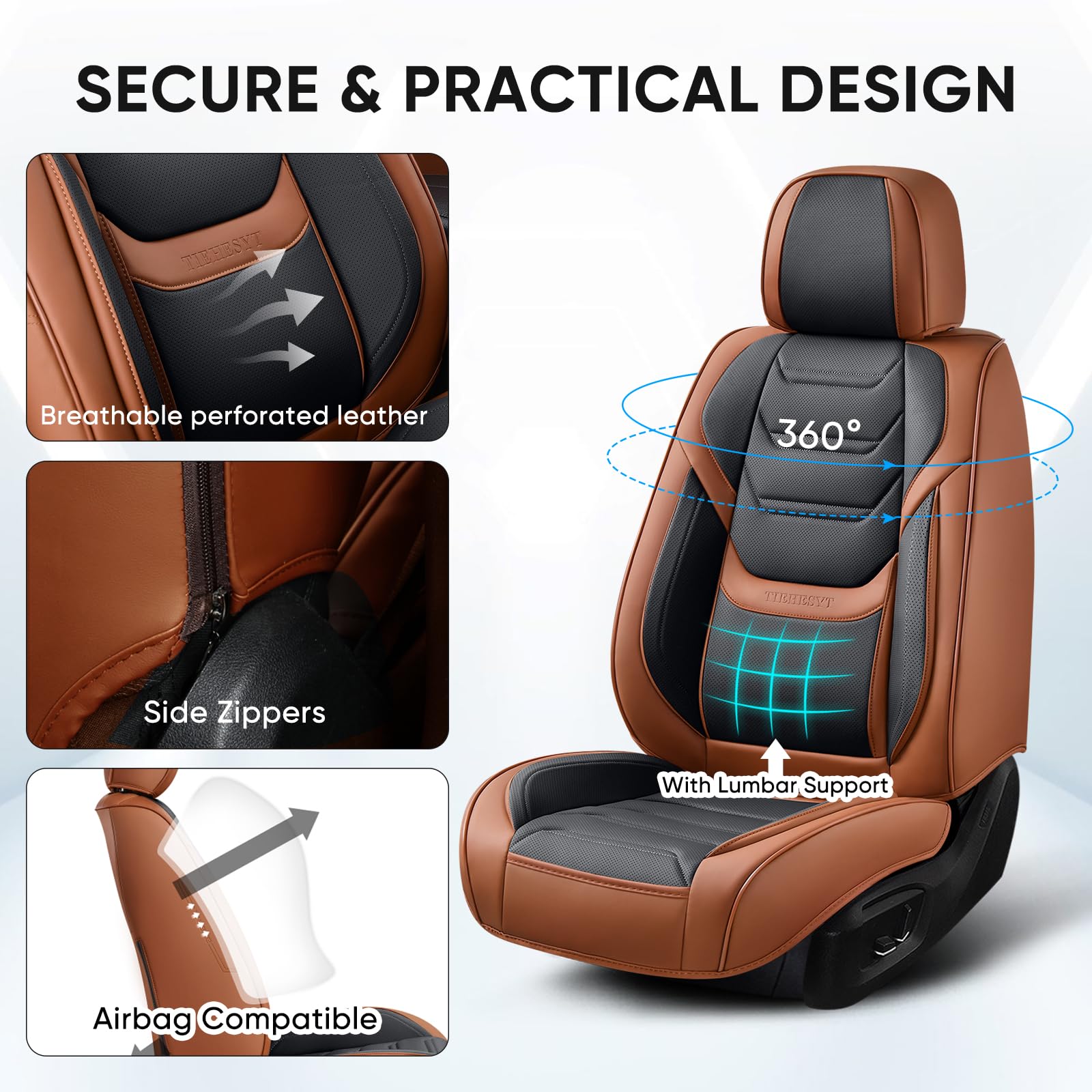 Tiehesyt Leather Car Seat Covers Full Set With Lumbar Support, Waterproof Car Seat Cover, Universal Seat Covers For Cars, Trucks