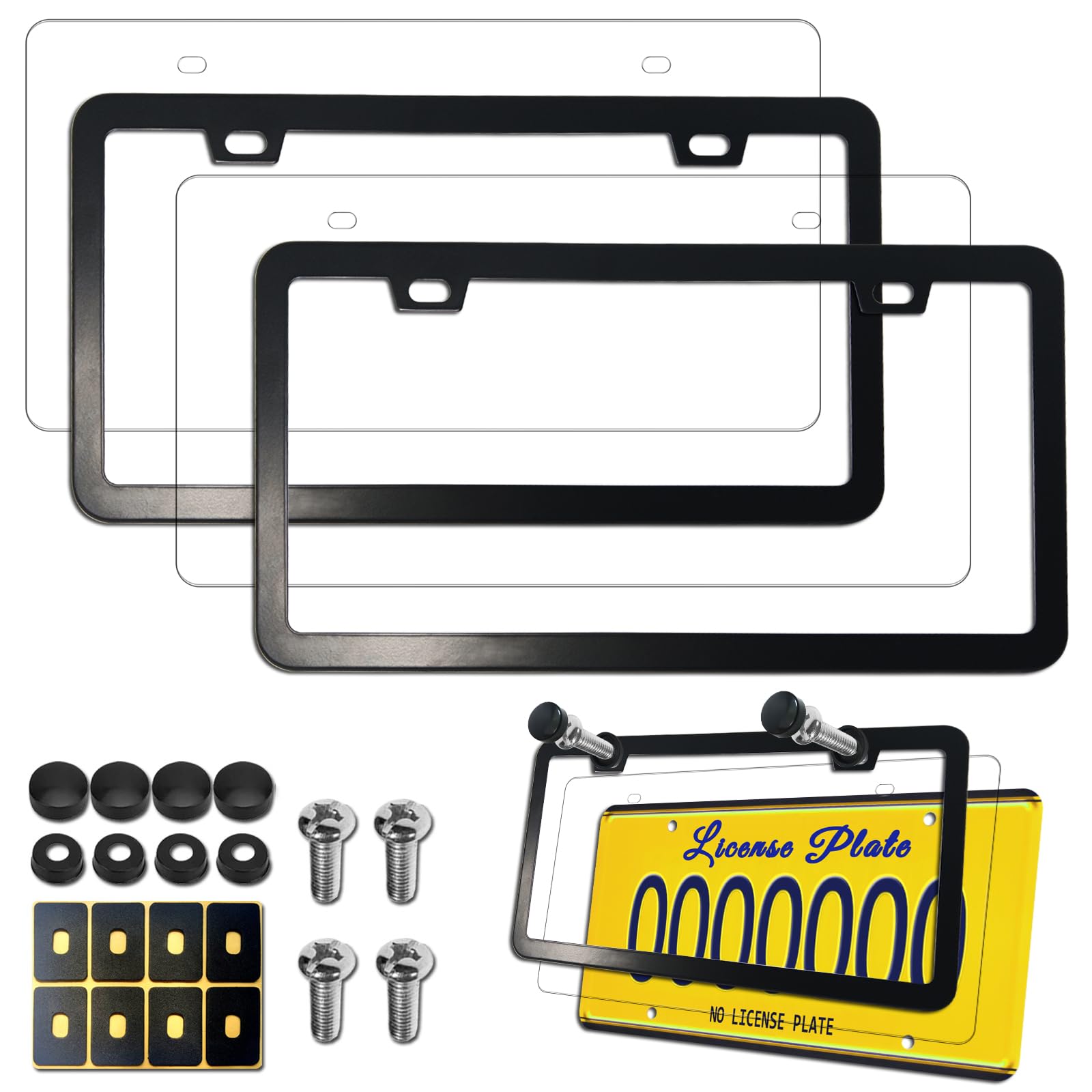 Aootf License Plate Frames Covers - Stainless Steel Black Car Tag Holder And Clear Flat Shield, Unbreakable Front Rear Protector