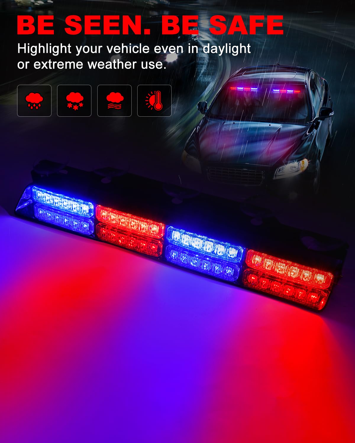 Hlauto 6Z4J Emergency Dash Strobe Lights: 2X16.8 Inch Red Blue Safety Lights, 48 Led Flashing Warning Hazard Interior Windshield