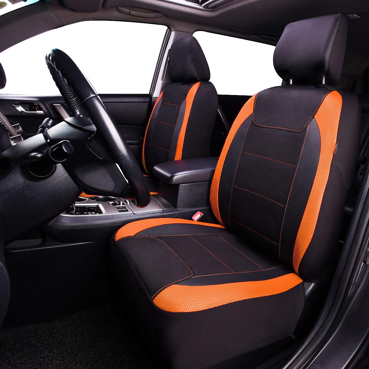 Flying Banner Car Seat Covers Quality Carbon Fiber Faux Leather Mesh Fabric Sport Low High Back Bucket Back Pocket Arm Rest Car Suv Truck Pick Up (2 Fronts - Low Bucket, Orange)