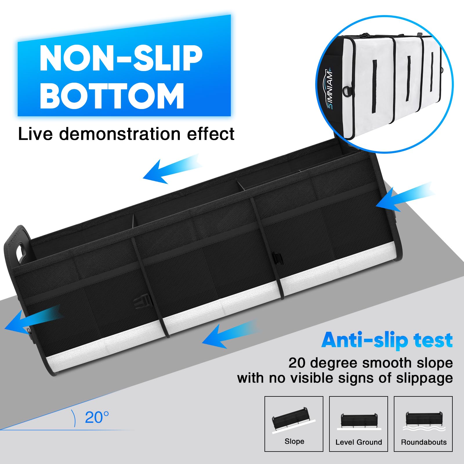 Simniam Large Car Trunk Organizer - 5 Compartments, Reinforced Handle, Securing Straps, Black - Ideal for SUV, Truck, Minivan Storage