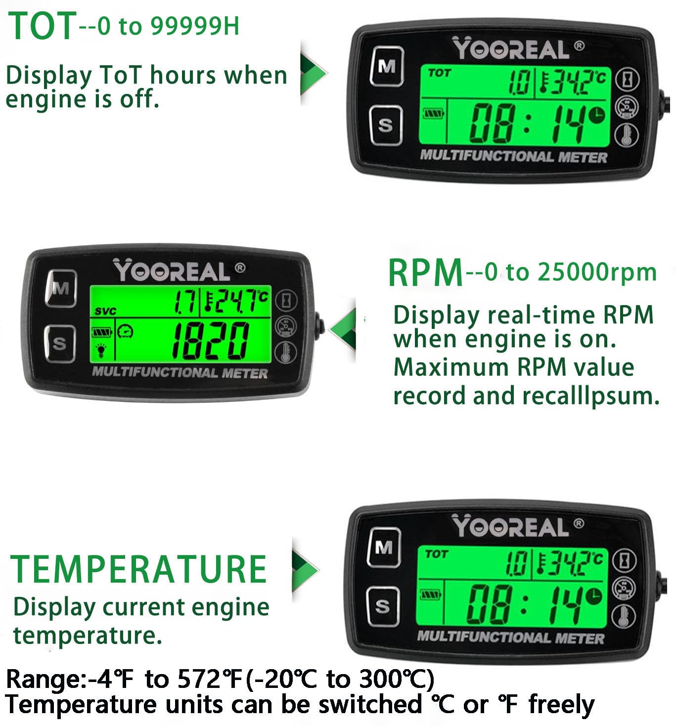 Yooreal Digital Tach Hour Meter,Small Engine Temperature Gauge,Backlit Tachometers,Waterproof For Scooter Mini Bike Motorcycle Lawn Tractor Generator Dump Truck