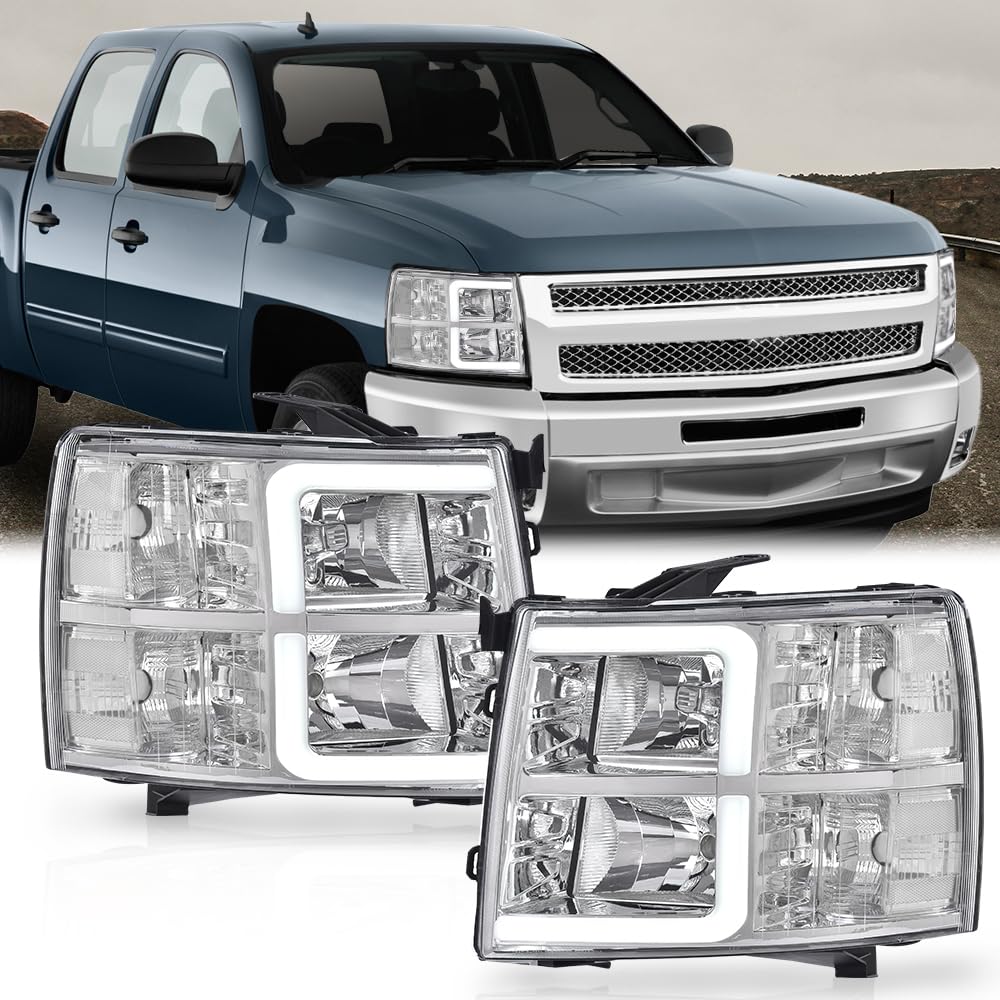 Cheda Led Drl Tube Projector Headlights W/O Bulb Clear Lens Chrome Housing Clear Reflector Compatible With Chevy Silverado 1500