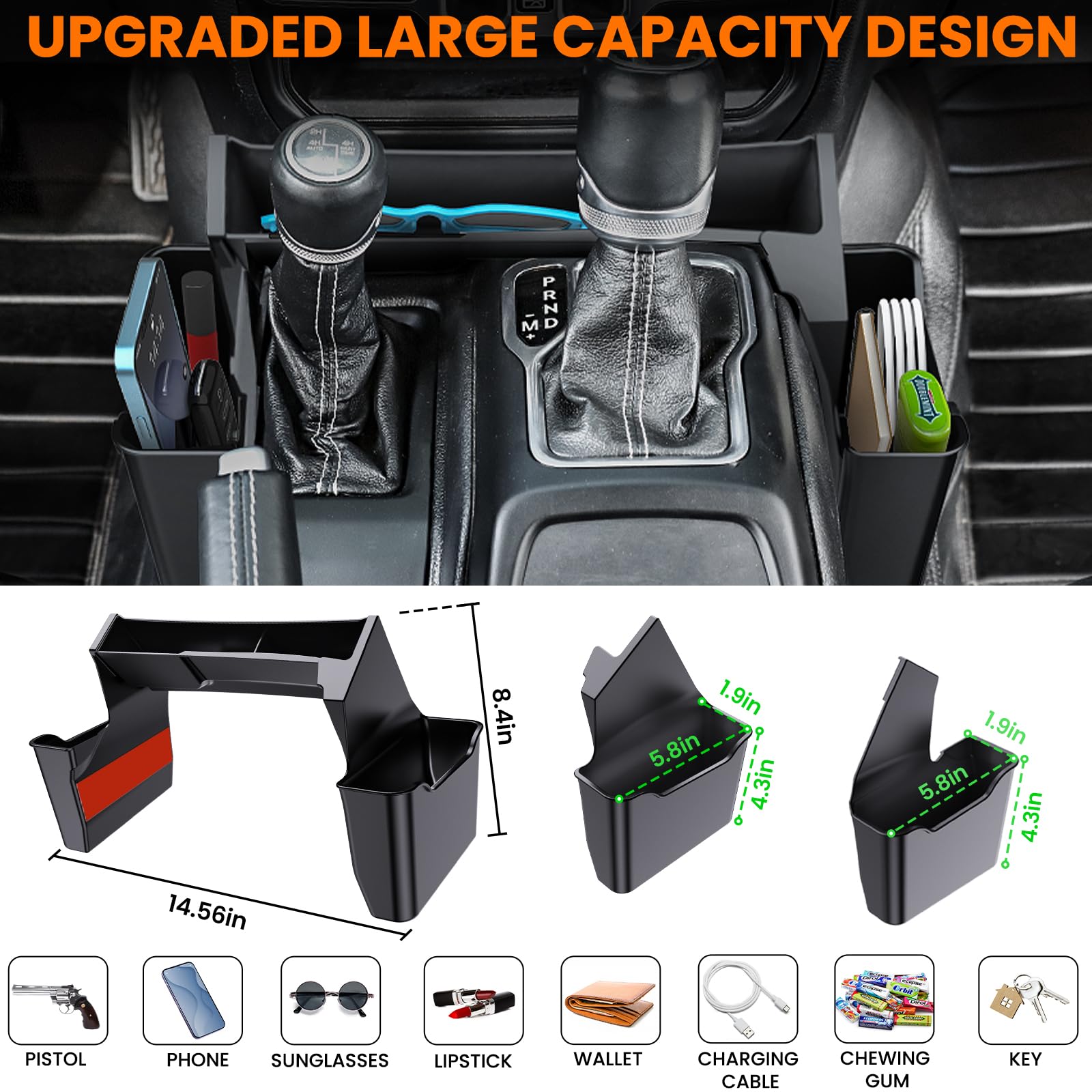 Diamooky 4Pcs Upgraded Center Console Organizer For Jeep Wrangler Jl Jlu 4Xe 2018-2023 & Gladiator Jt 2020 2021 2022 2023 Accessories Gear Shift Side Tray Hanging Armrest Storage Box (Not For Jk/Jku)
