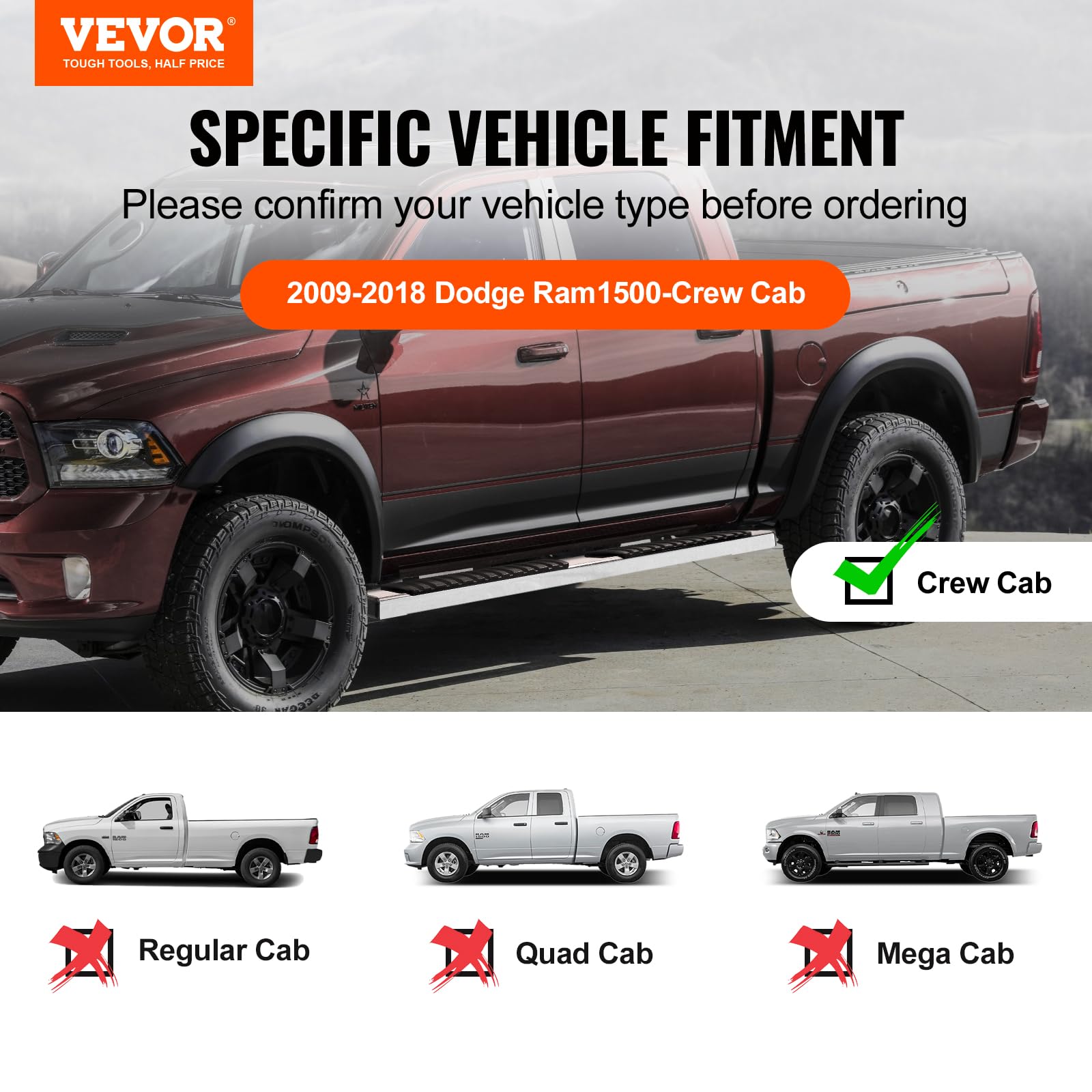 Vevor Running Boards, 6' Step Bars Compatible With 2009-2018 Dodge Ram 1500/2010-2023 Ram 2500/3500 (Includes 2019-2023 Classic) Crew Cab, 201 Stainless Steel Side Steps Nerf Bars, 500Lbs, 2 Pcs
