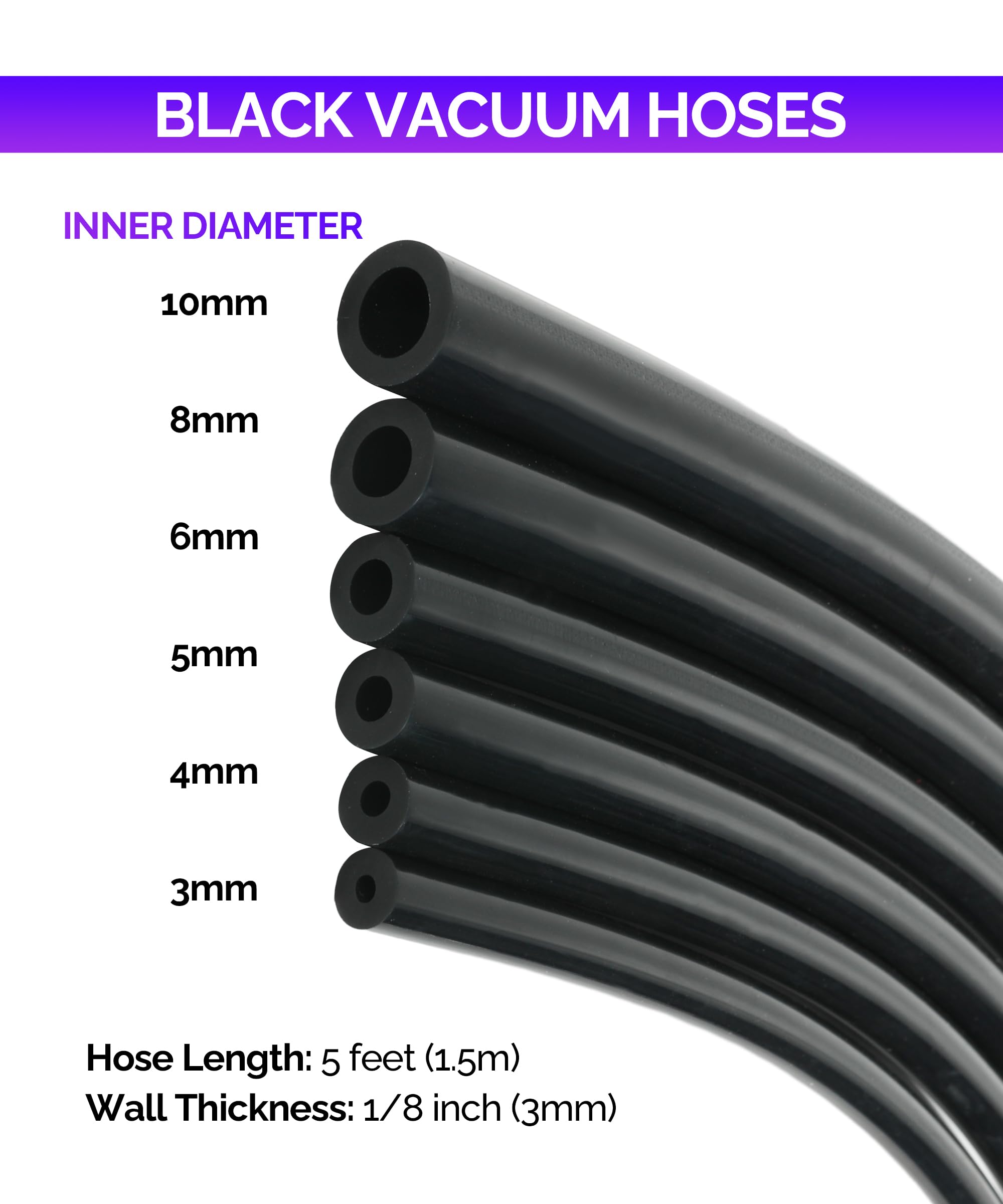 RACOONA 6PCS Vacuum Silicone Tubing Hose,5FT Vacuum Tubing Hose,1/8'' 5/32'' 3/16'' 1/4'' 5/16'' 3/8'' Automotive Silicone Vacuu