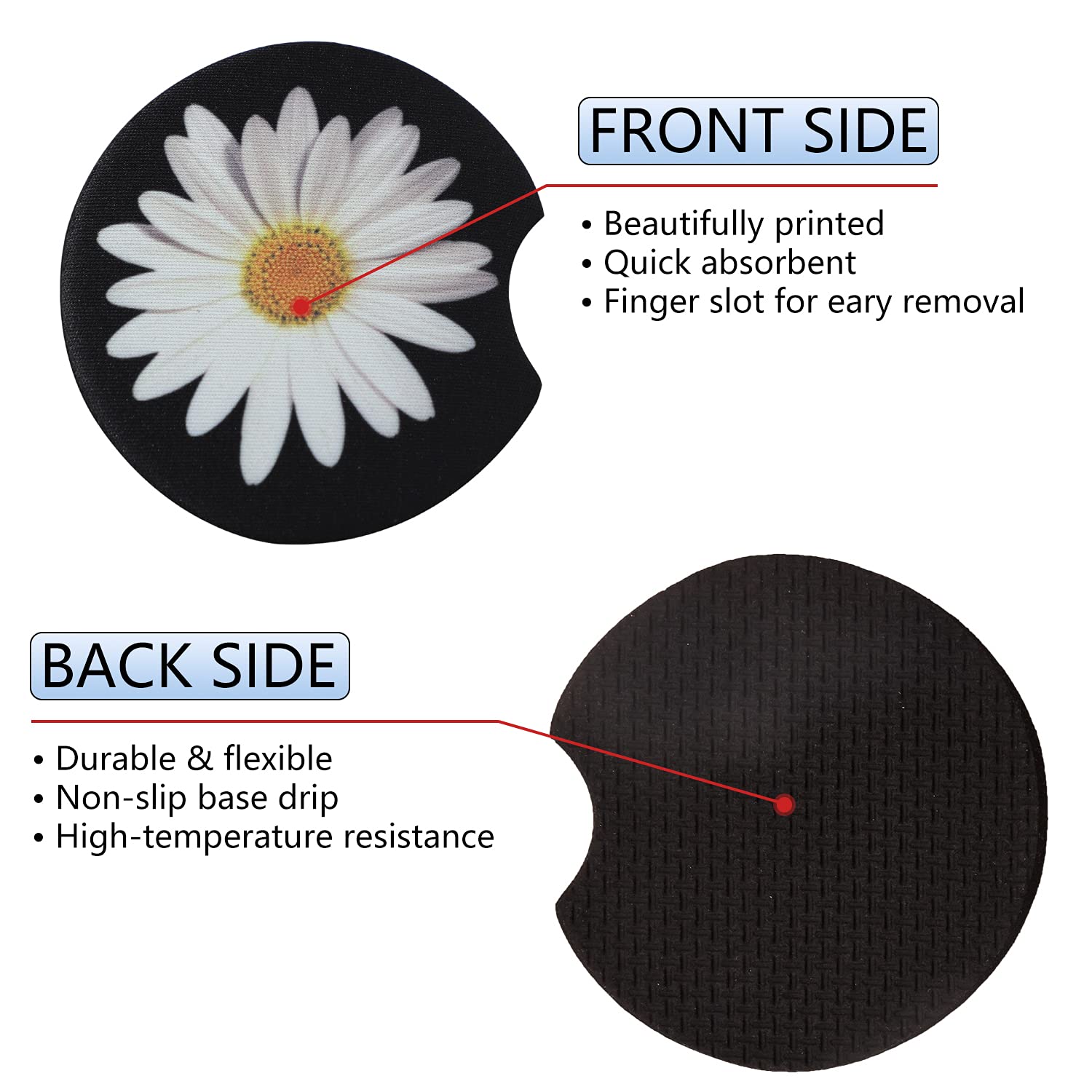 Jupswan Car Cupholder Coaster Absorbent 2 Pack Cute Funny Fun Trendy White Daisy Design Rubber New Automotive Cup Holder Decal D