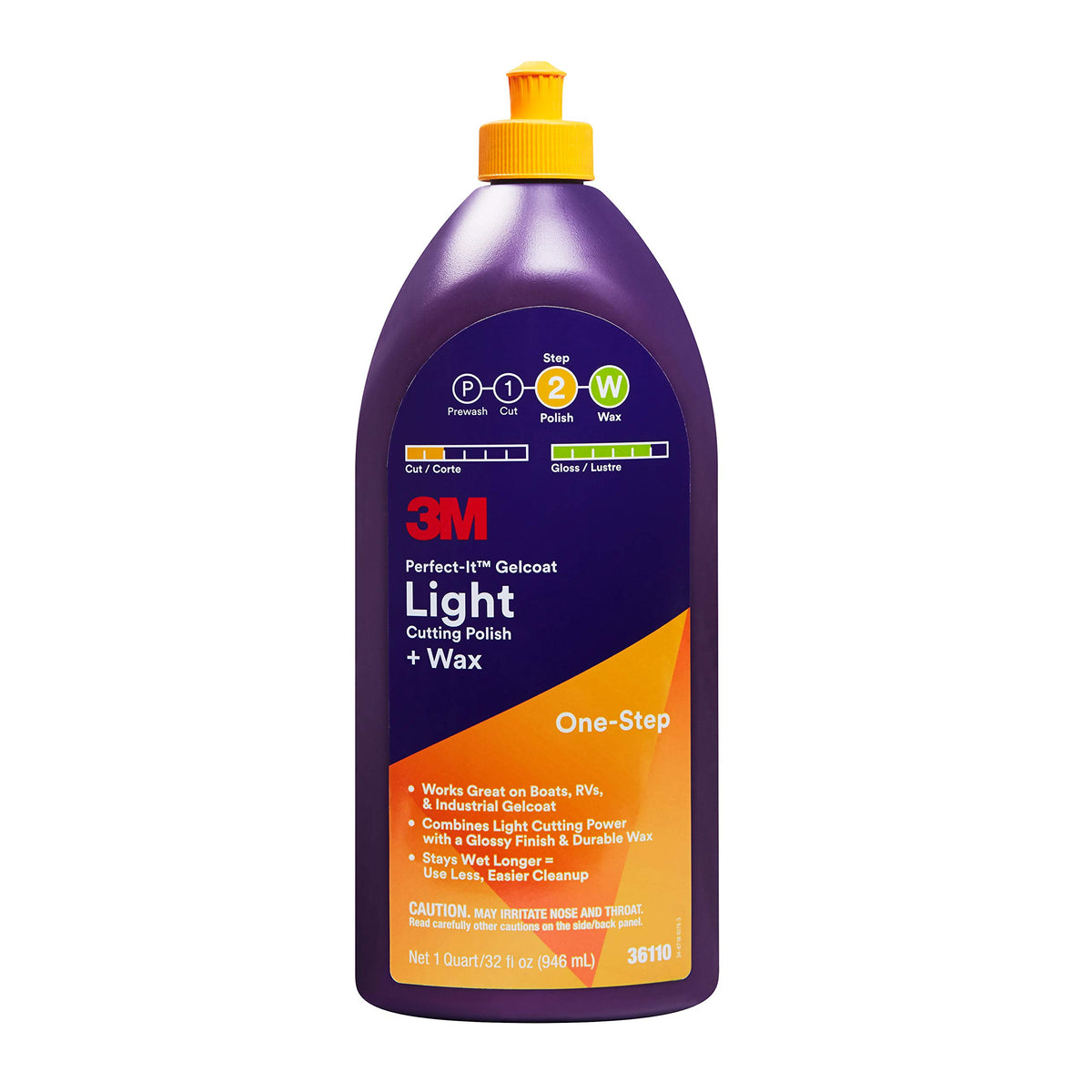 3M Perfect-It Gelcoat Light Cutting Polish + Wax, 36110, 1 Quart, One-Step Process, Removes Scratches and Swirls, Light Oxidatio
