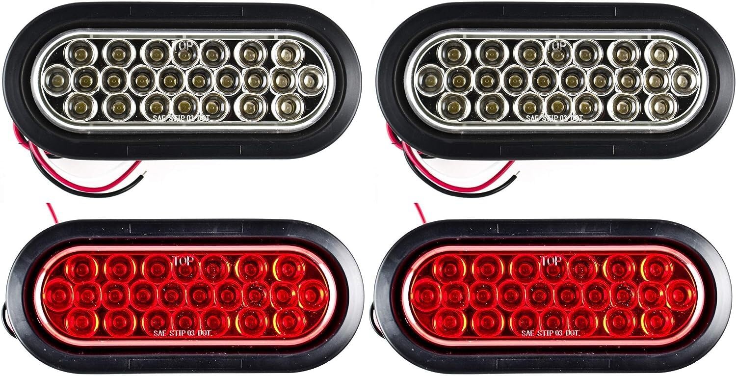 All Star Truck Parts [2 Red + 2 White 6 Oval 24 LED Trailer Stop Turn Tail Reverse Backup Parking Brake Indicator Light Kit DOT 