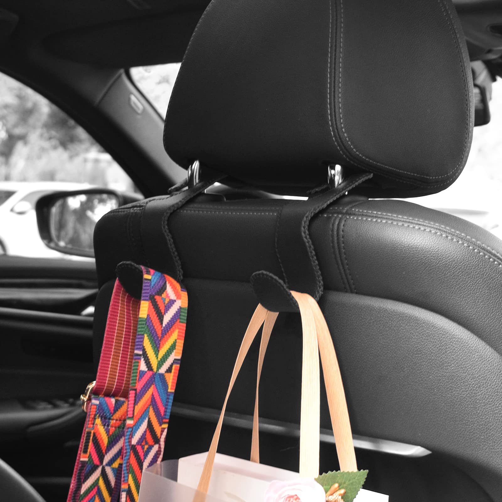 Eldhus Seat Hooks For Purses And Bags, 4 Pack Car Purse Holder For Grocery Bag Handbag Clothes, Metal Headrest Hooks Covered By