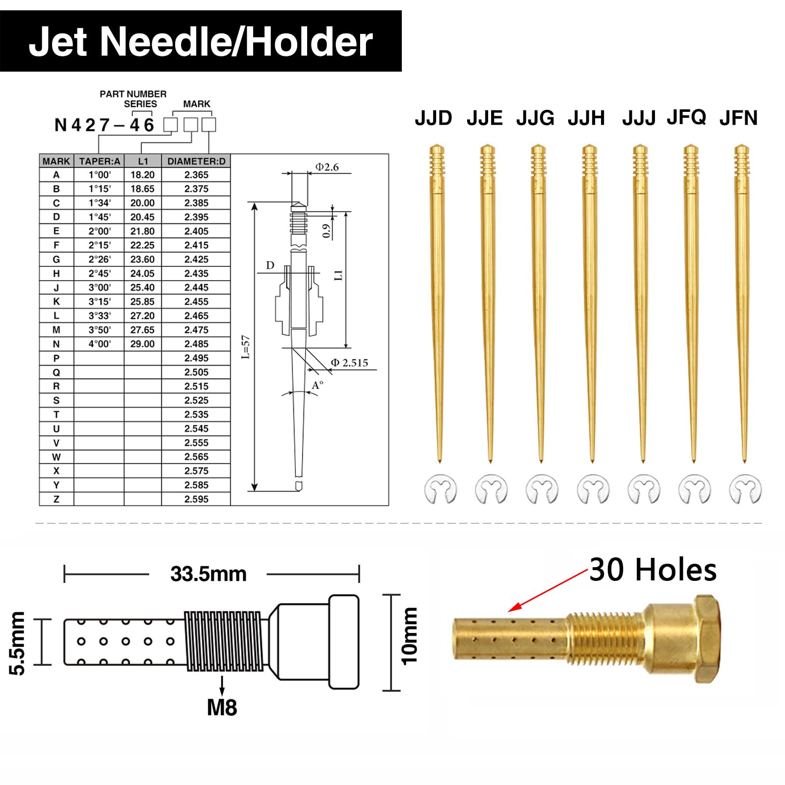 30pcs Carburetor Carb Main Slow/Pilot Jet Injection Nozzle Emulsion Tube Kit Nozzle Holder for CV-K PW-K PW-M PE26/28 FCR PD Cra