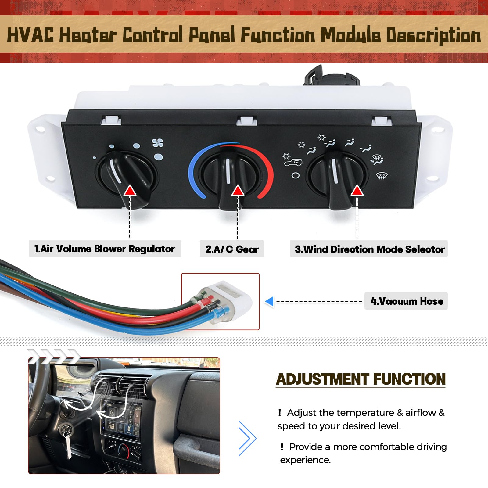 HVAC Climate Control Panel with Blower Motor Switch for Jeep Wrangler TJ 1999 2000 2001 2002 2003 2004 Replace 55037473AB