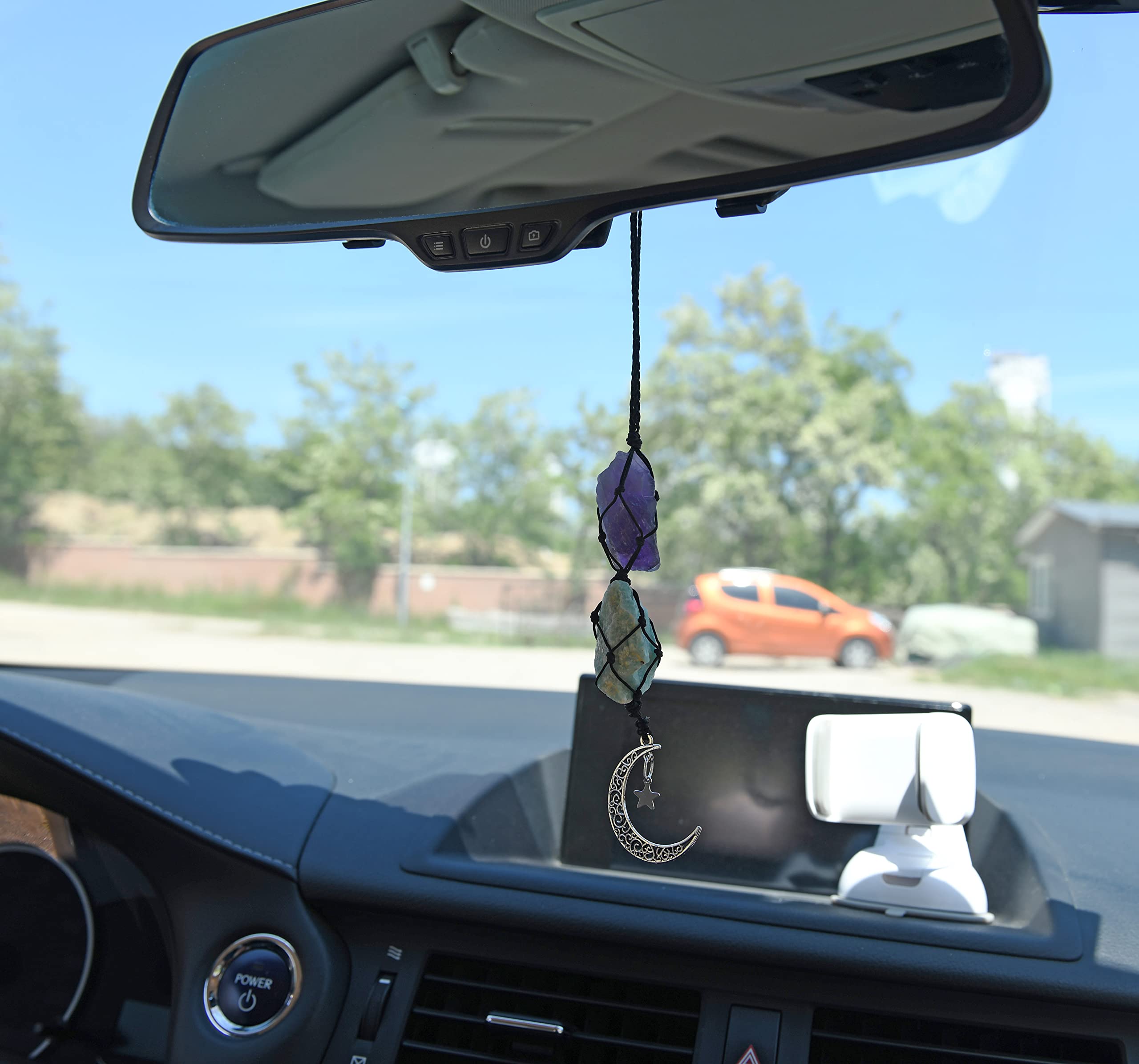 Boho Garden Hanging Car Charm - Amethyst & Amazonite - Dangling Moon & Healing Crystal Accessories, Rearview Mirror Decorations - Balance, Intuition, Spirituality, Self-Love, Honesty, Clarity, Energy