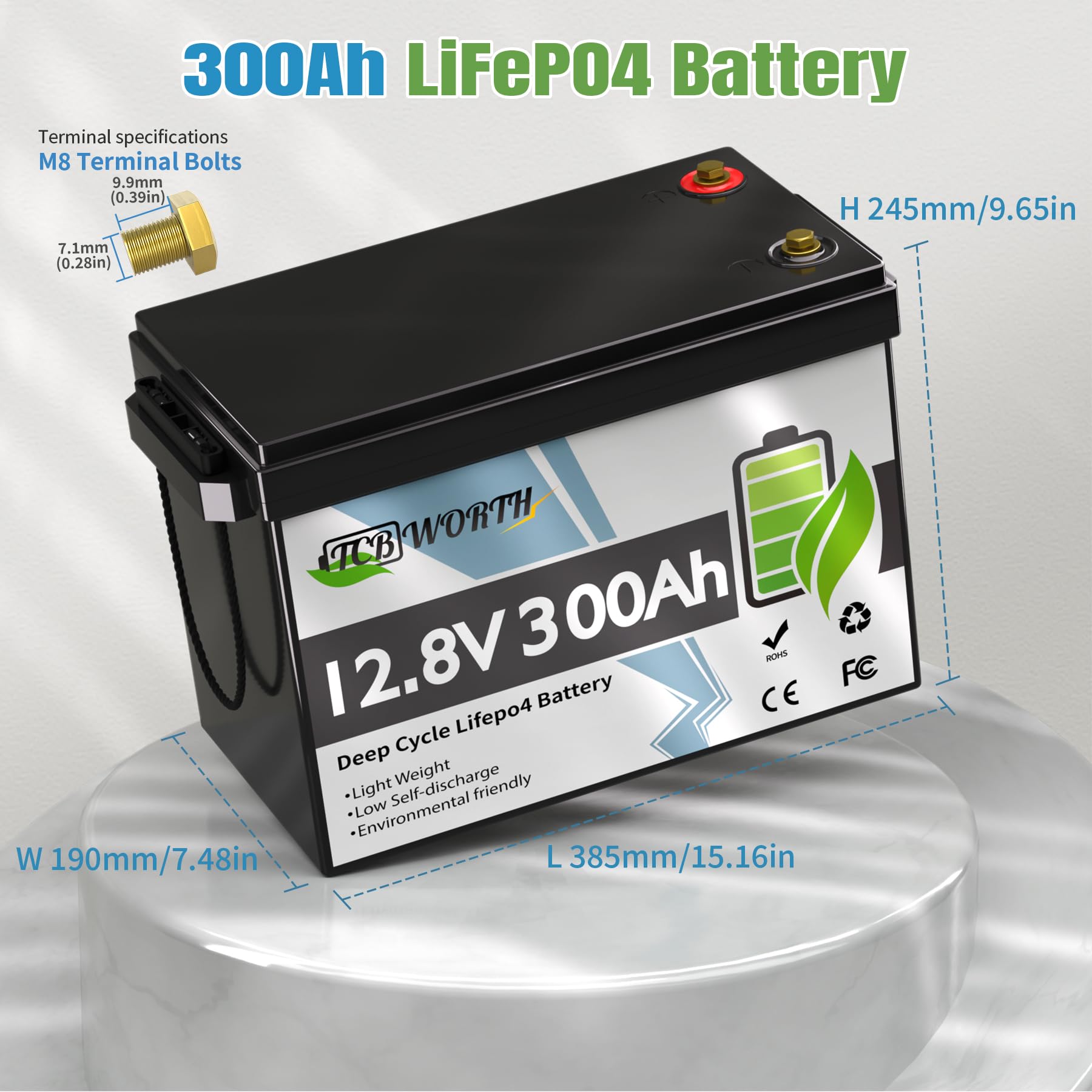 TCBWORTH 300Ah LiFePO4 Battery 12V, Rechargeabel Deep Cycle Lithium Batteries, 200A BMS with Low-Temp Protection, Perfect for RV