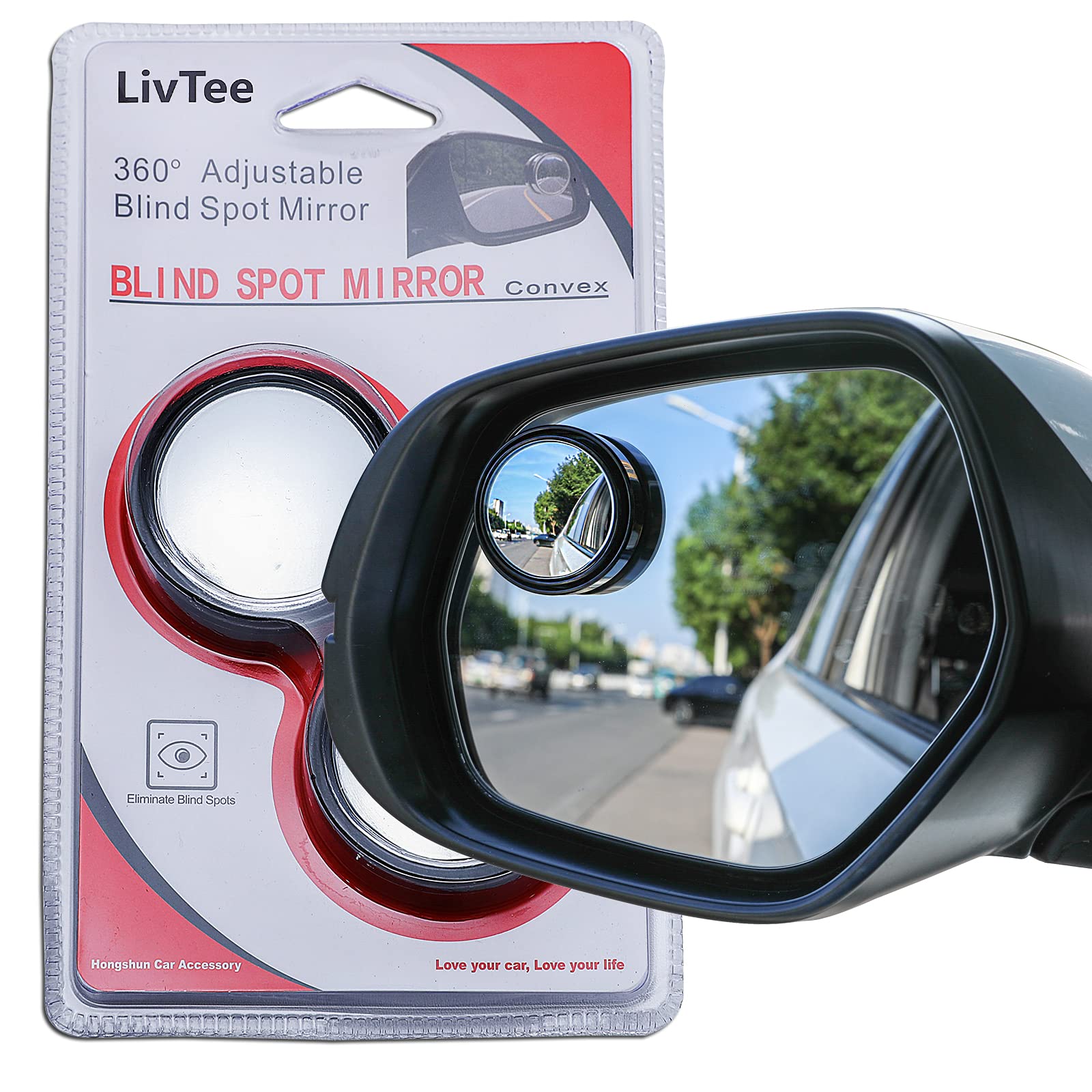Livtee 2Pcs Round Blind Spot Mirror, Hd Glass And Abs Housing Convex Wide Angle Rearview Mirror With Adjustable Stick For Univer