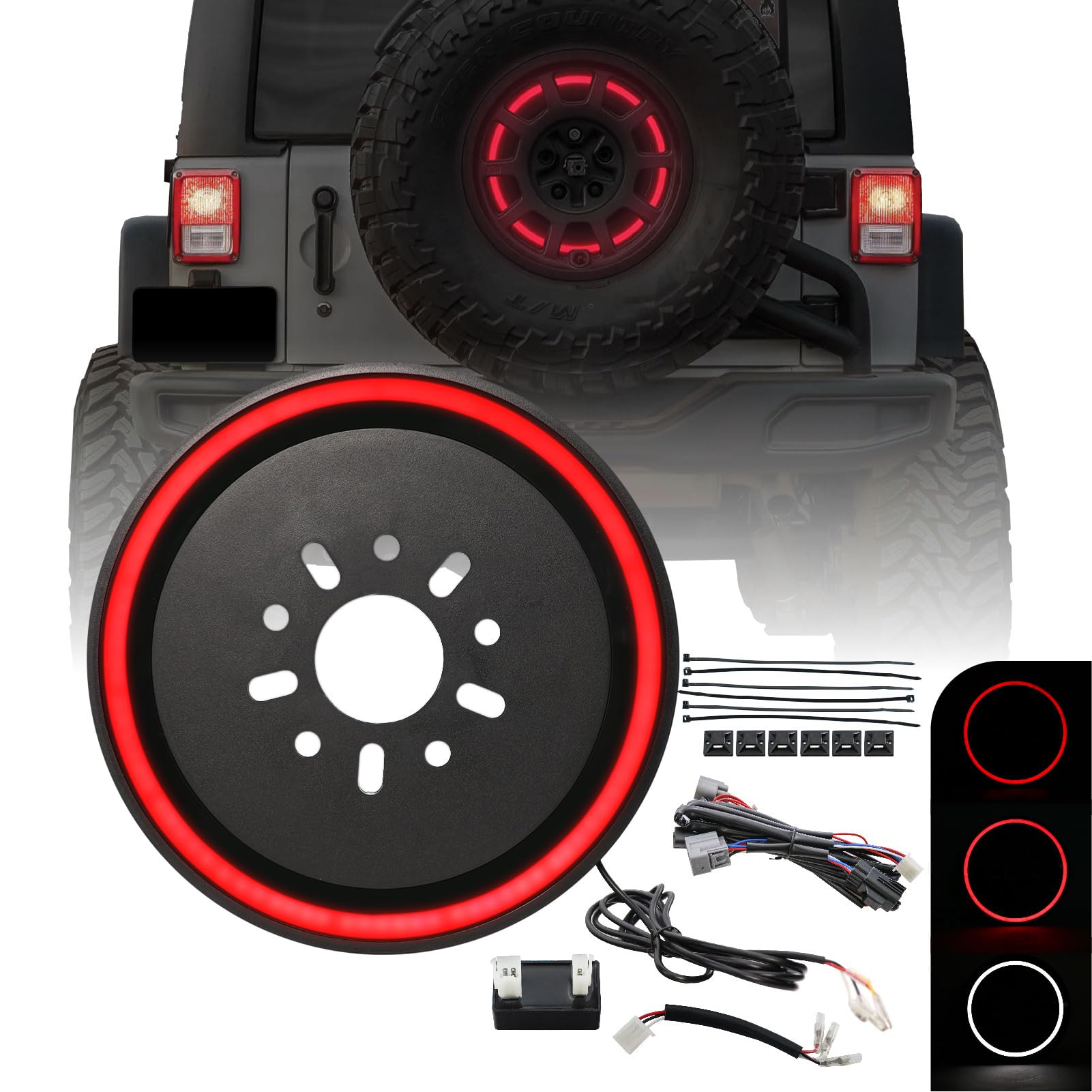 Usr 07-18 Jk Wrangler Spare Tire 3Rd Third Brake Light Switchback Red/White Led Halo Ring Bar Rear Tail Wheel Light Compatible W