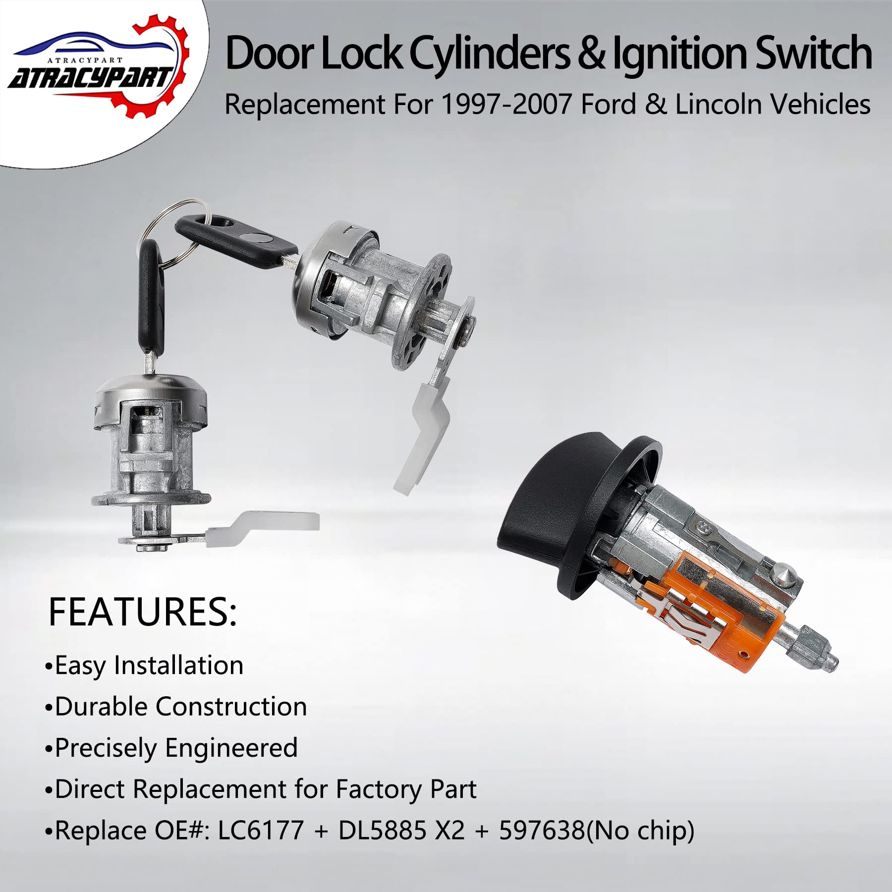 Door Lock Cylinders & Ignition Switch With Keys | Replacement For 1997-2007 Ford F250/350, Excursion & More, Lincoln Blackwood, Navigator | Replace#: Lc6177 + Dl5885 X2 + 597638(No Chip)