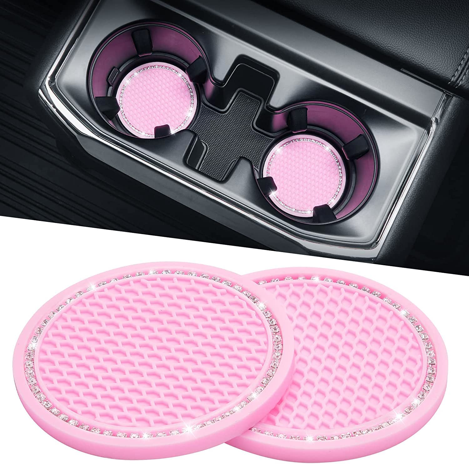 Joytutus Cup Holder Coasters For Car, 2 Pack Universal Anti-Slip Car Coasters With Crystal Rhinestone, 2.75 Inch Pvc Cup Holder 