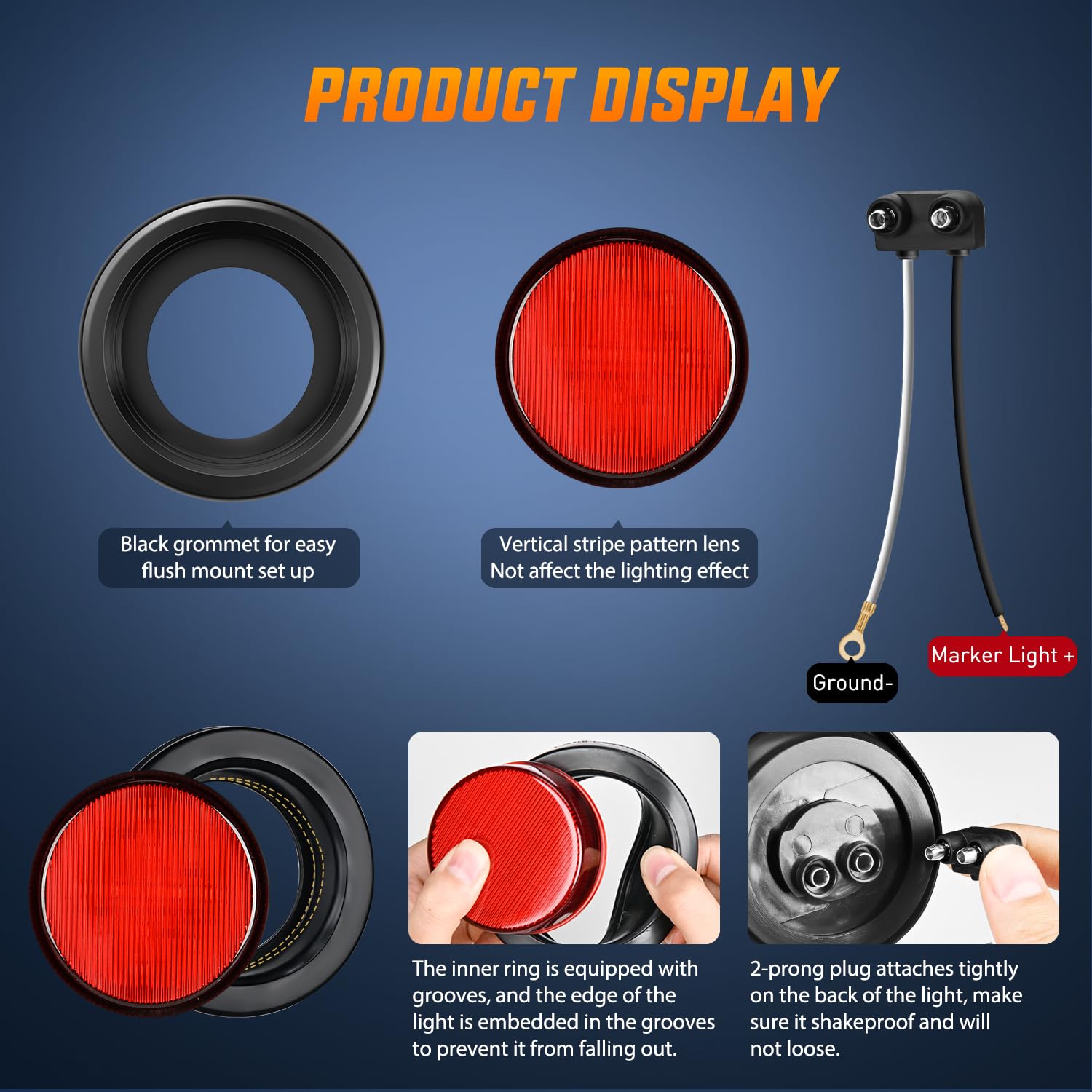 Nilight 2.5Inch Round Marker Light 2Pcs Red 13Led Clearance Lights Flush Mount With Plug Grommet Pigtail Hardwired Dot Compliant