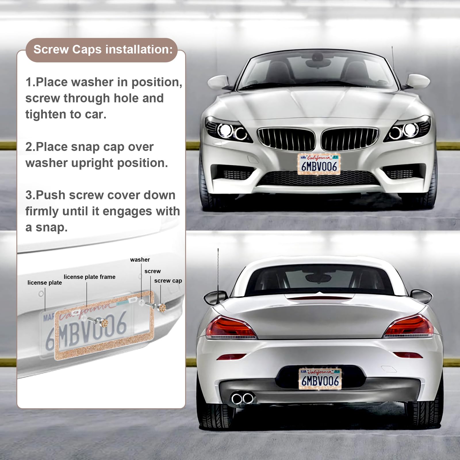 Quanqiufei 2 Pack Bling License Plate Frames For Women, Sparkly Rhinestone Diamond Car Accessories With Glitter Crystal Caps (Ch