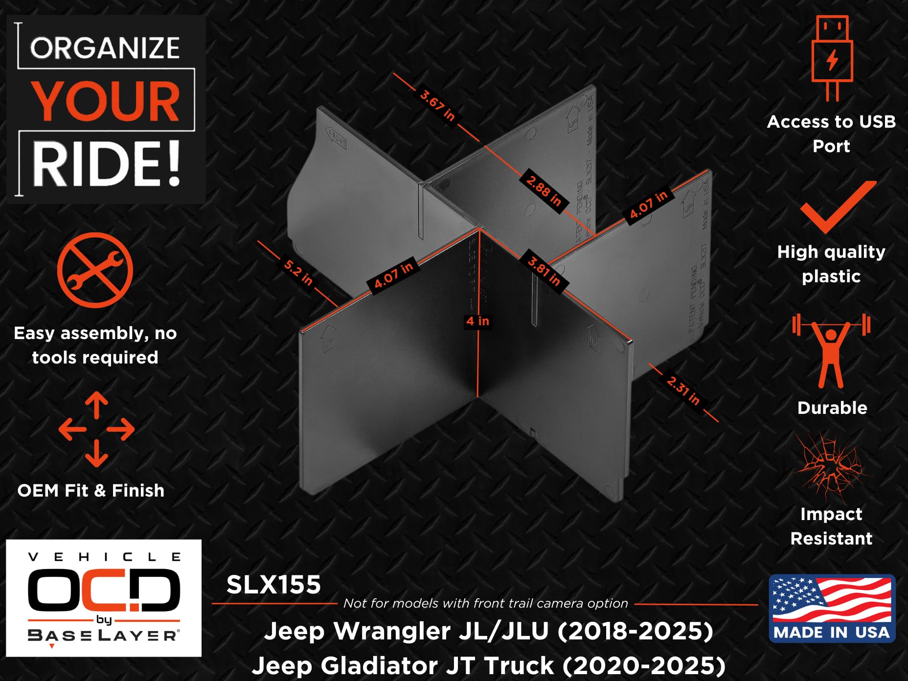 Vehicle Ocd - Center Console Organizer For Jeep Wrangler Jl/Jlu (2018-2025) Gladiator Jt Truck (2020-2025) - Made In Usa - Slx15