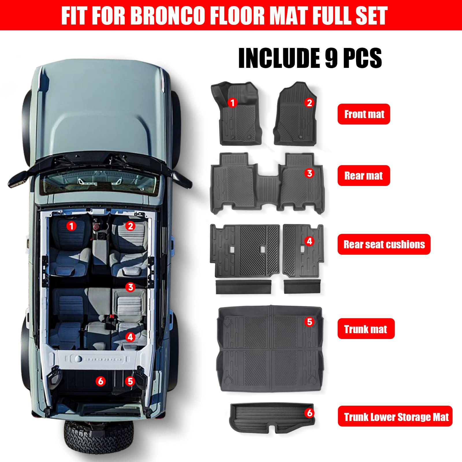 Mabett Interior Cover Mats for Ford Bronco Accessories 4-Door 2021 2022 2023 2024 Floor Mats Rear Seat Back Cover and Cargo Line
