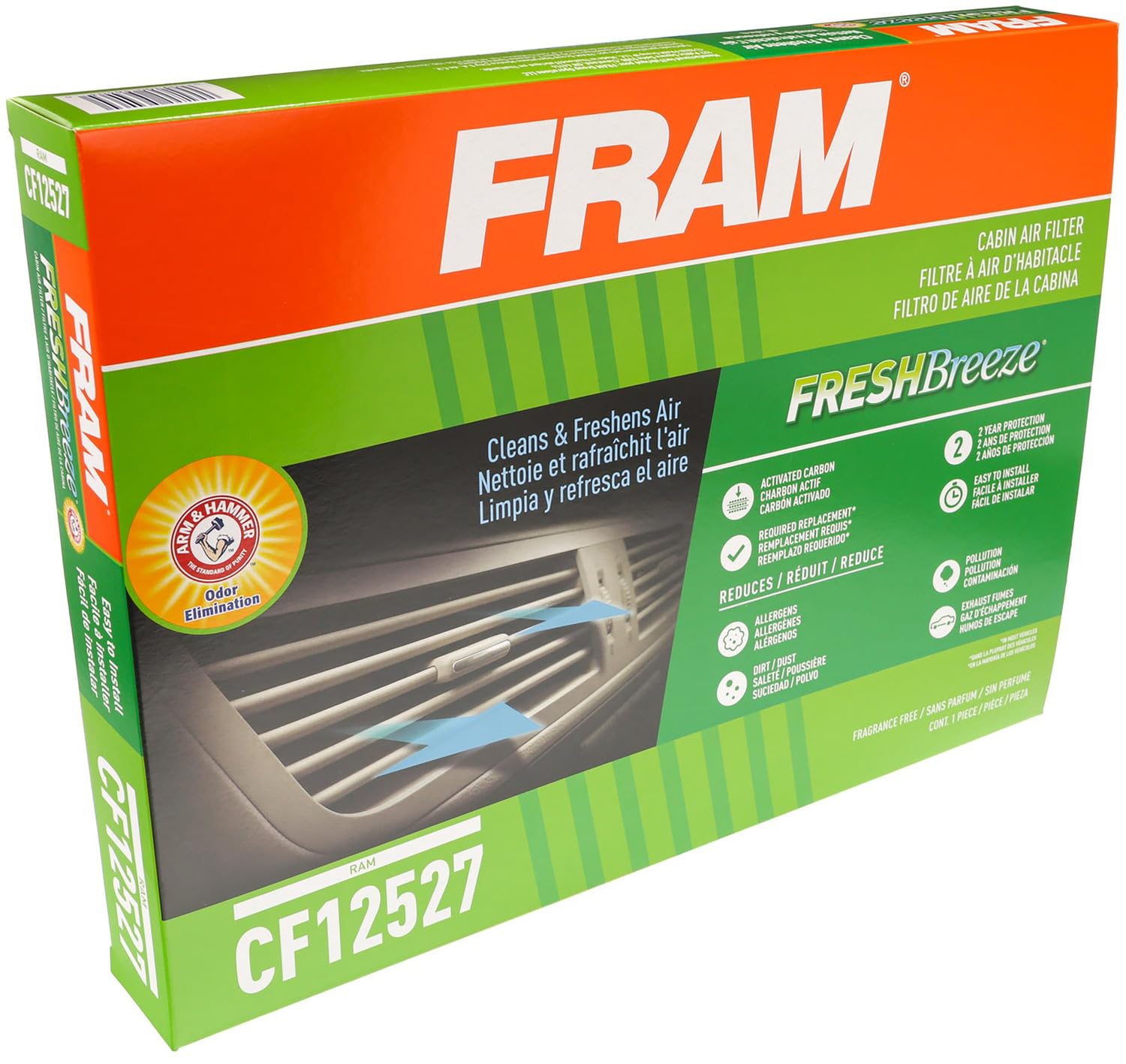 Fram Fresh Breeze Cabin Air Filter Replacement With Arm & Hammer Baking Soda And Activated Carbon, Cf12527, 2 Year Protection, E