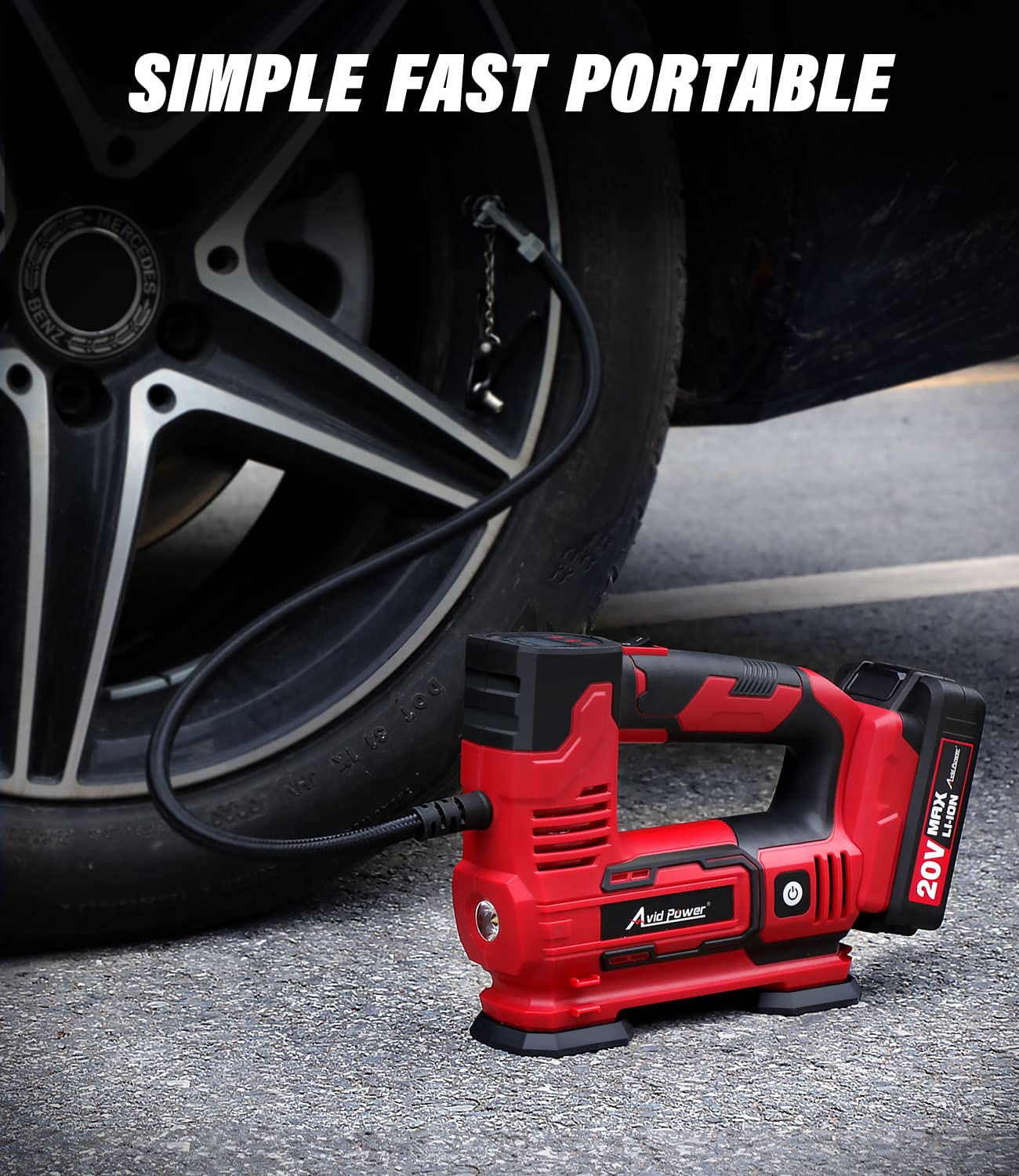 Avid Power Tire Inflator Portable Air Compressor, 20V Cordless Car Tire Pump W/Rechargeable Li-Ion Battery, 12V Car Power Adapte