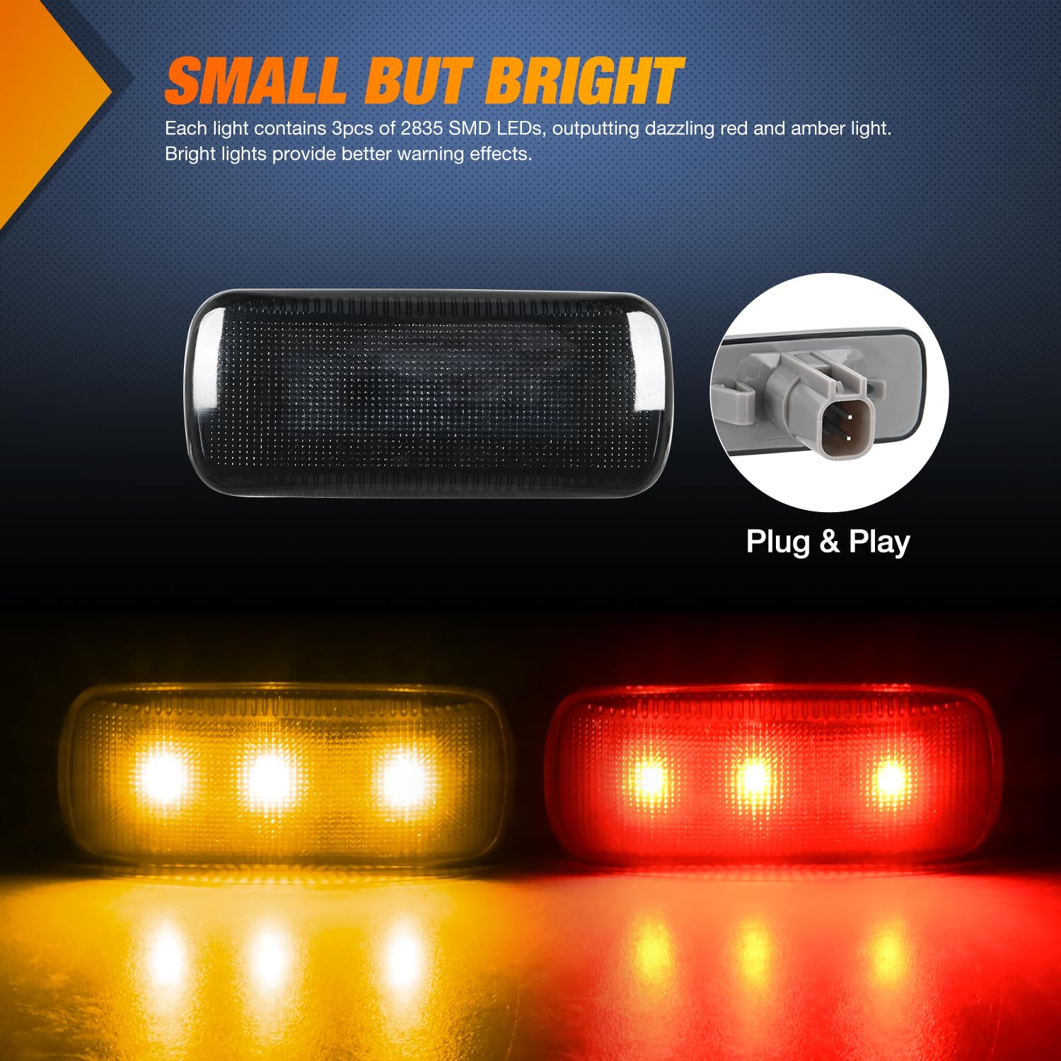 Nilight Wheel Fender Side Marker Lights 4 Pcs 3 Led Red Amber Front Rear Clearance Waterproof Plug And Play Smoked Lens Light Co