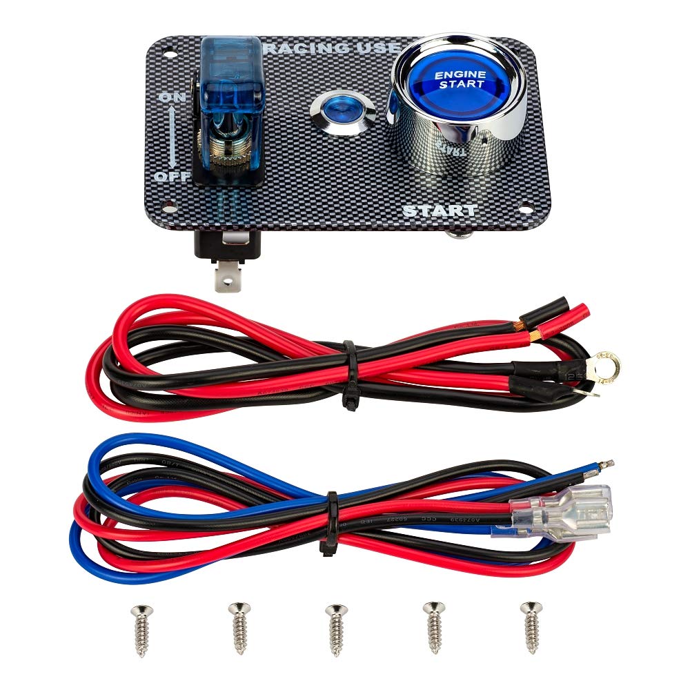 Jtron Dc12V Racing Car Ignition Switch Panel Carbon Fiber Rocking Switch+Engine Start Push Button With Blue Indicator Light (Blue)