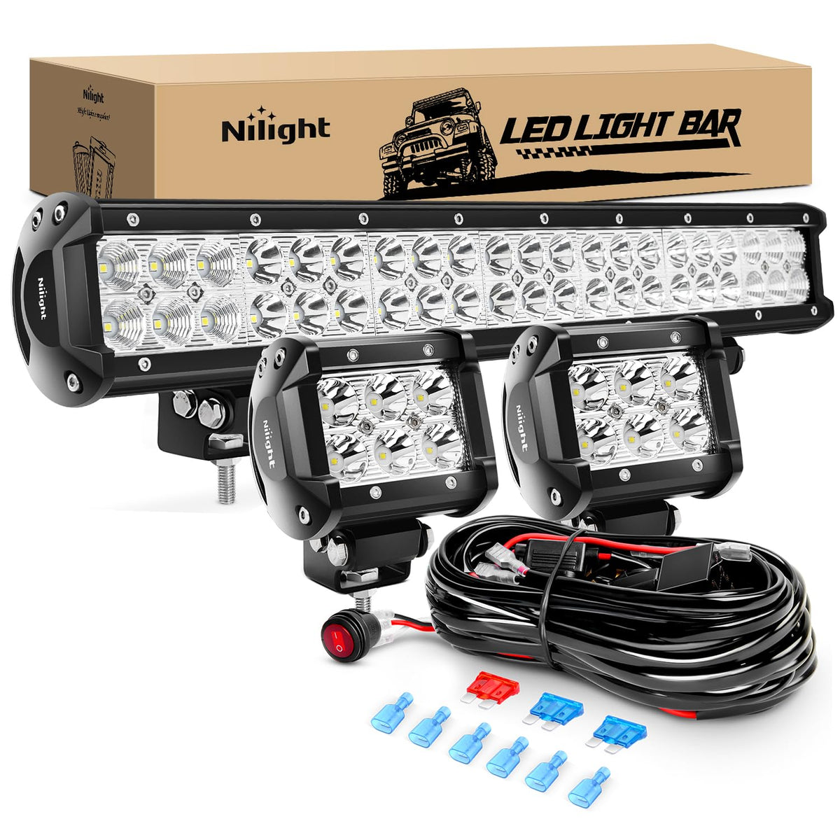 Nilight - Zh002 20Inch 126W Spot Flood Combo Off Road Led Light Bar 2Pcs 18W 4Inch Led Pods With 16Awg Wiring Harness Kit-3 Lead