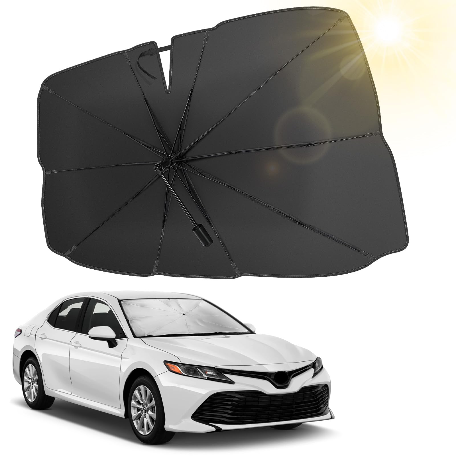 JOYTUTUS Windshield Sun Shade Umbrella, Upgraded 360 Rotation Bendable Shaft Handle, Foldable for Truck, Automotive Interior Sun