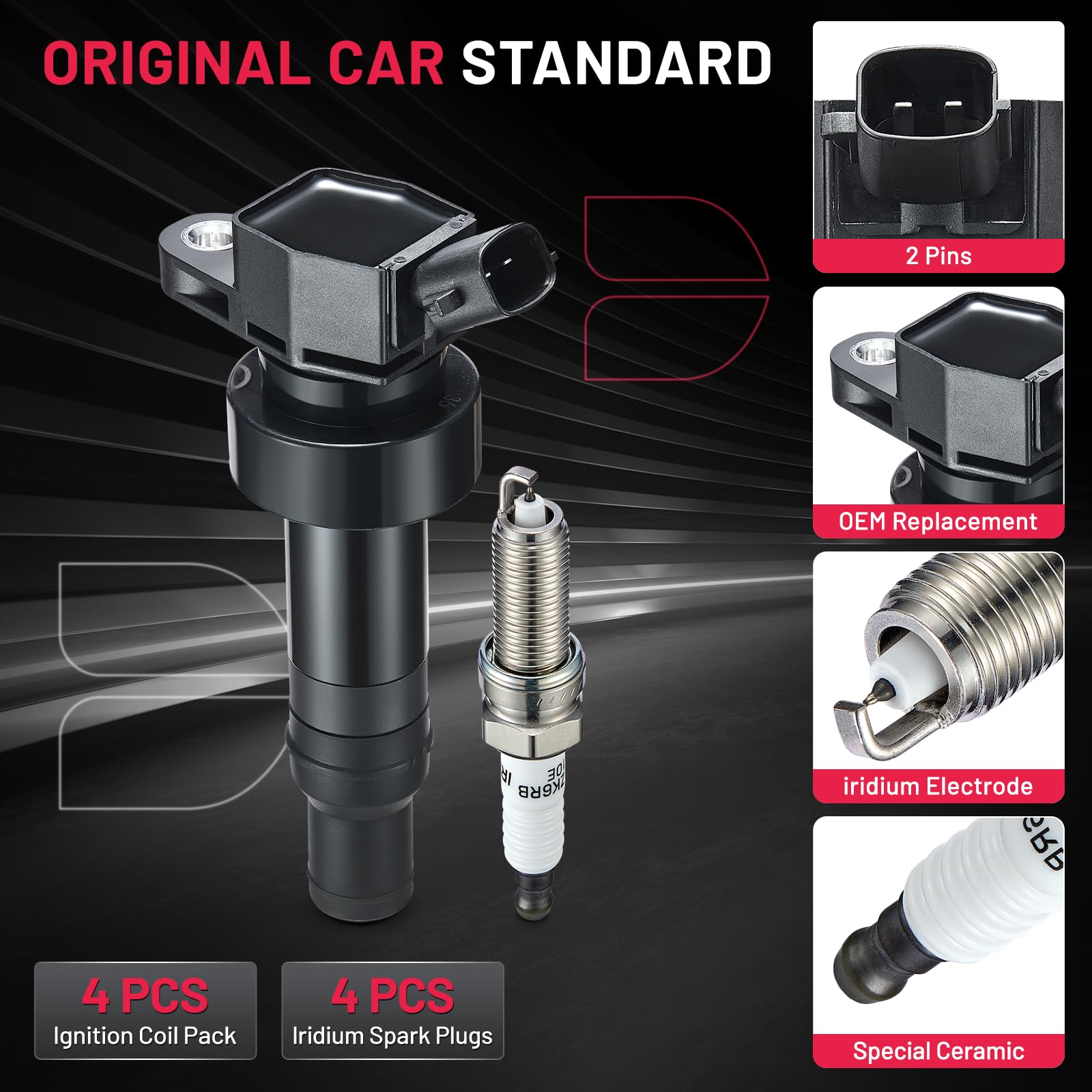 Bdfhyk Coil Pack Uf652 And Iridium Spark Plugs 93815 Compatible With Hyundai Accent Veloster Kia Rio Soul 1.6L 2.0L L4, Sets Of