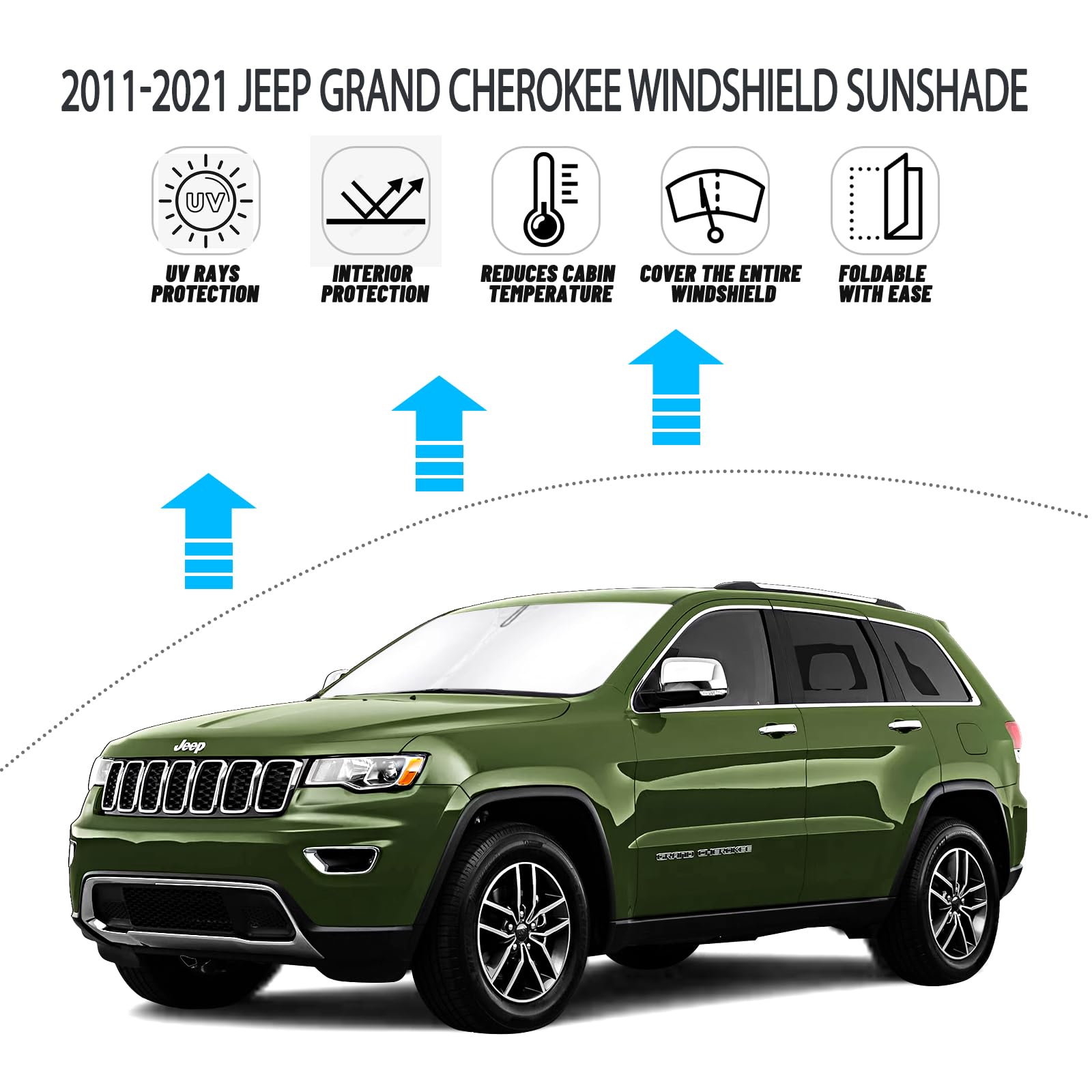 D-Lumina Windshield Sun Shade For Jee-P Grand Cherokee 2011-2021 Accessories (Not For Grand Cherokee L), Front Window Sunshade S