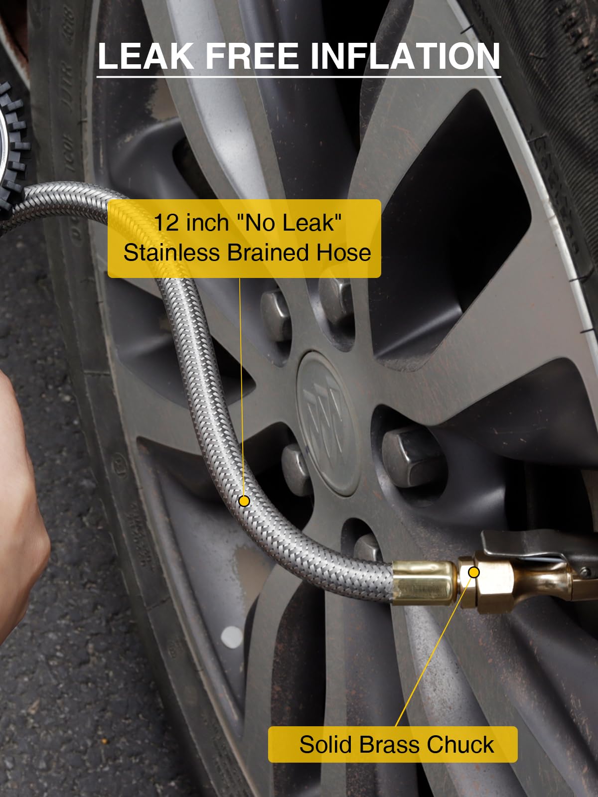 Azuno Heavy Duty Tire Pressure Gauge, Tire Inflator Gauge 230Psi Air Chuck Air Compressor Attachments, With Steel Braided Hose,