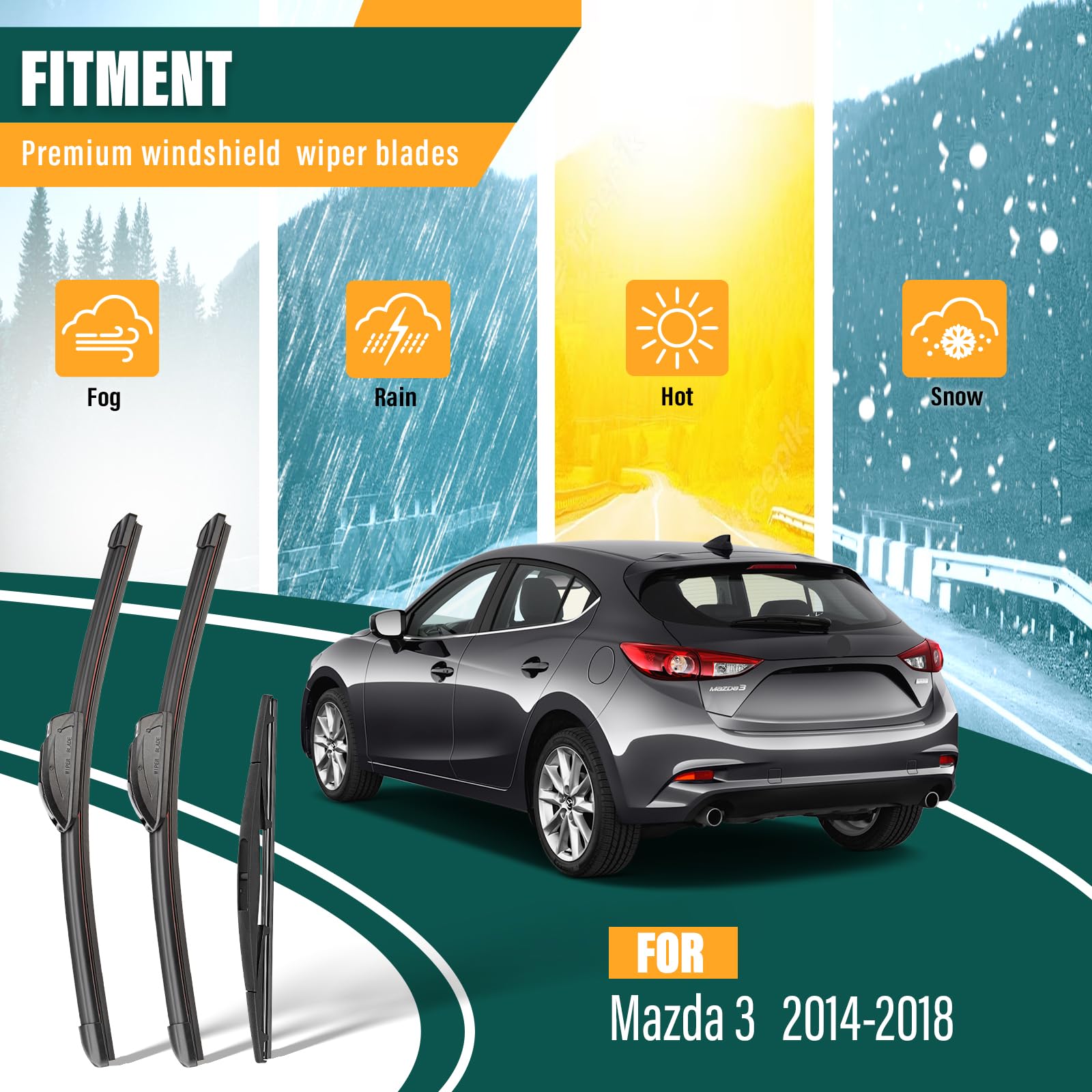 Kvq Windshield Wiper Blades Replacement For Mazda 3 2014 2015 2016 2017 2018 Original Factory Quality Front Rear Wiper Blade Set