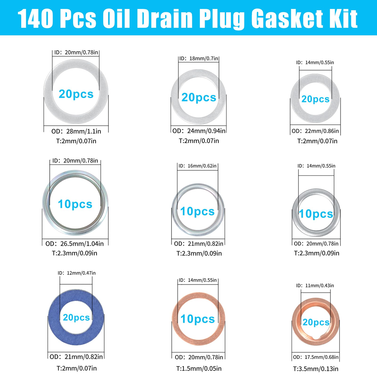 MAGICAVE 140PCS Premium Oil Drain Plug Gasket Assortment, Durable Oil Crush Washer Seals Kit, Compatible with Toyota, Honda, Sub