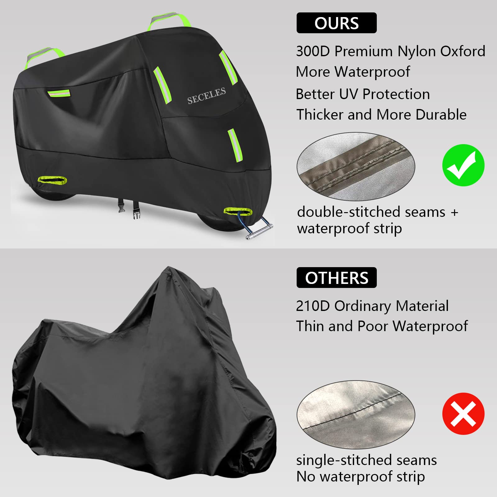Motorcycle Cover Waterproof Outdoor All Weather 300D Oxford Fabric 2 Windproof Buckles 7 Reflective Stripes Waterproof Inner Tap