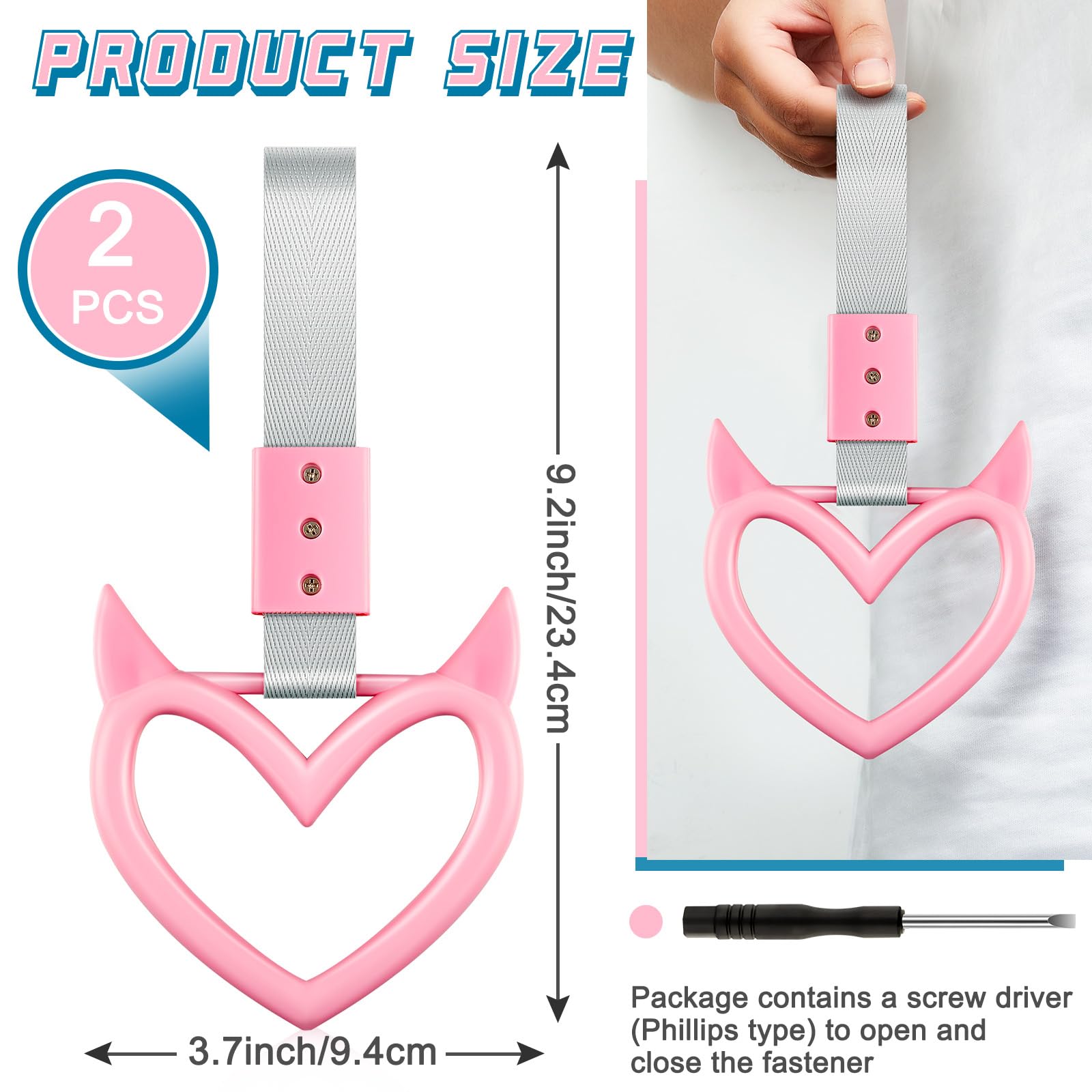 Fabbay 2 Pieces Heart Handle Keychains Car Accessory Heart Hand Strap Drift Charm For Car Interior Exterior Decoration(Pink,Devi
