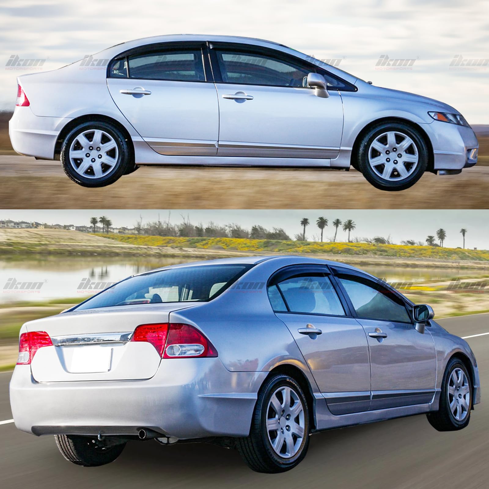 Tape On Window Visor Compatible With 2006-2011 Honda Civic Sedan Only, Slim Style Acrylic Smoke Tinted Sun Rain Wind Guards Shie