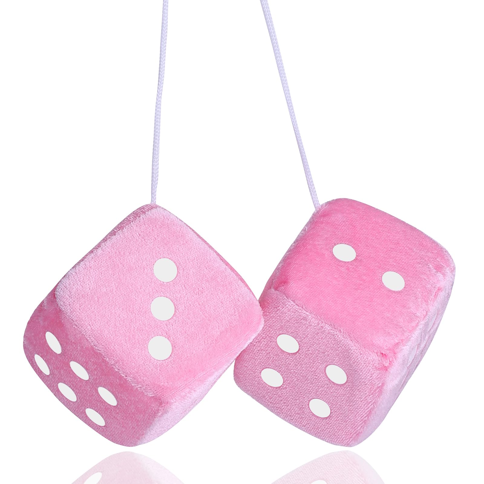 Fuzzy Dice For Rear View Mirror, Pink Fuzzy Dice For Car Mirror, 2.75Inch Pair Of Plush Retro Square Hanging Dice With White Dot